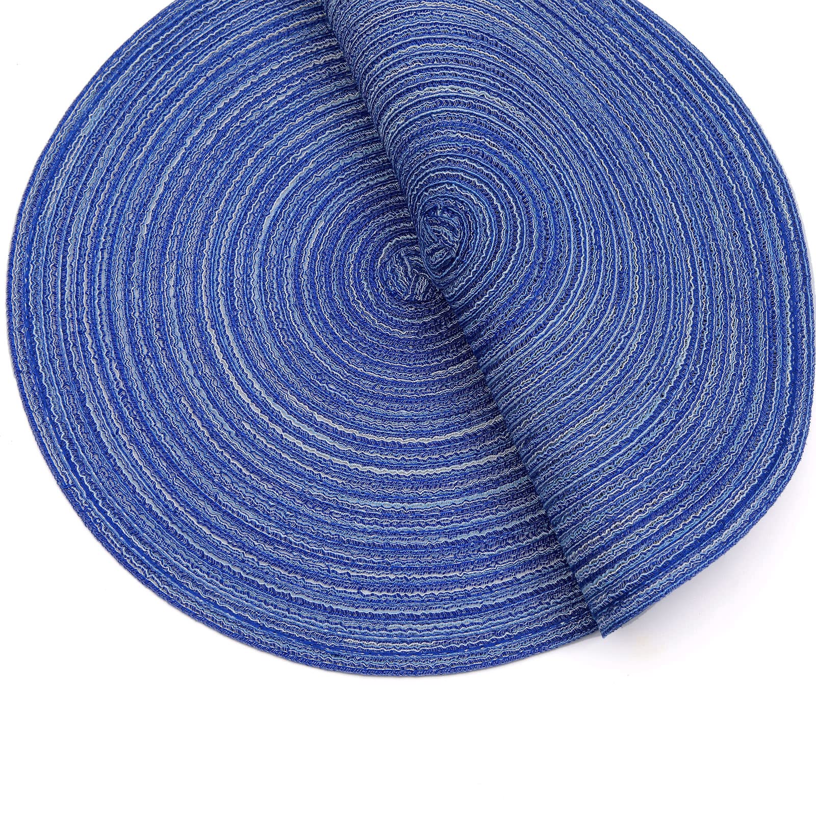 SHACOS 15 Inch Round Braided Placemats Set of 6 - Washable Cotton Table Mats for Kitchen, Dining, Home Decor - Perfect for Wedding, Party & Everyday Use (Blue & White)