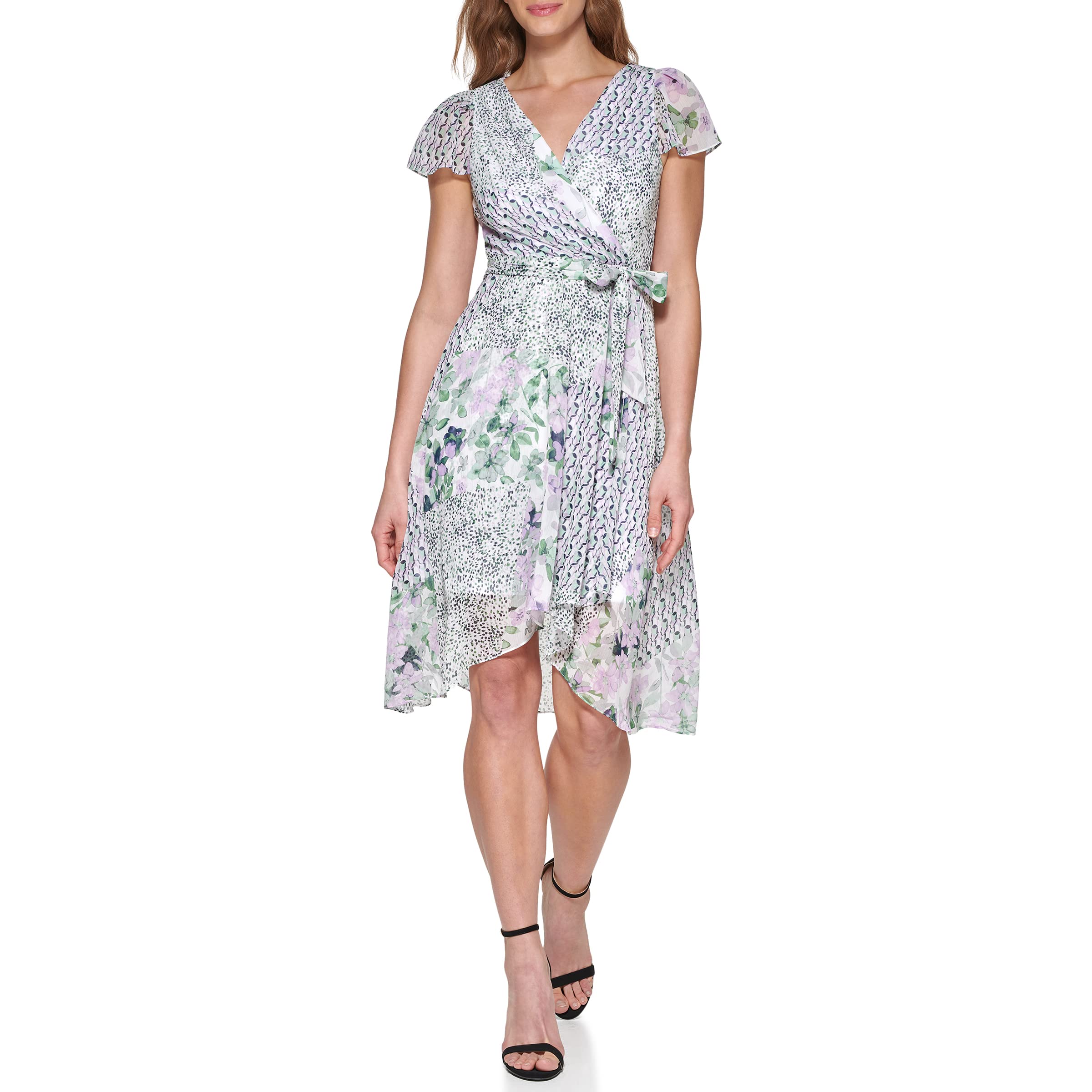 DKNY Women's Short Sleeve Asymmetrical Hem Faux Wrap Dress - Elegant Casual & Office Wear for Women | Perfect for Work, Date Night & Special Occasions