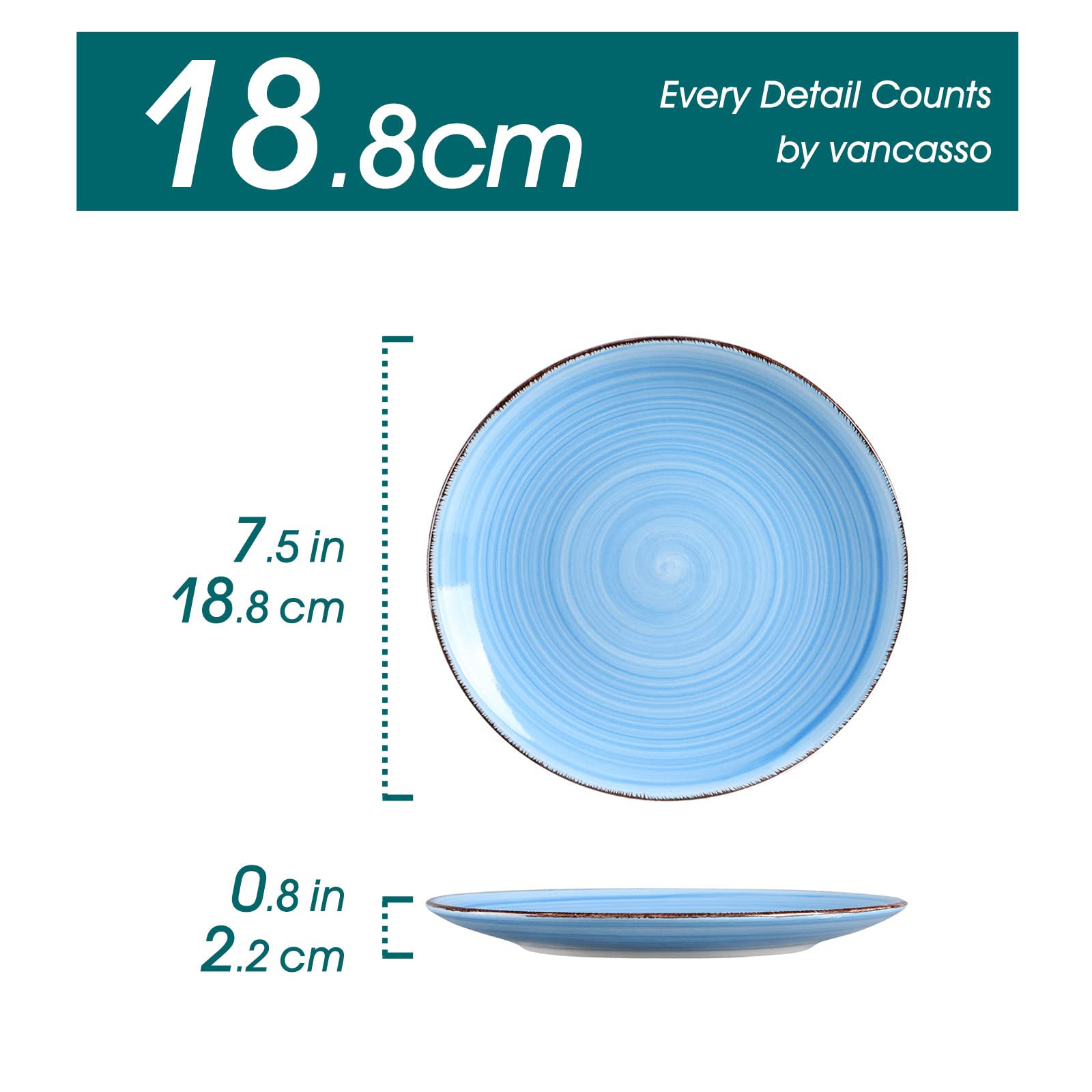 Vancasso Bonita Blue Salad Plates Set of 6 - 7.5 Inch Ceramic Dinner Plates, Dishwasher & Microwave Safe - Perfect for Family Dinners, Parties & Restaurant Use
