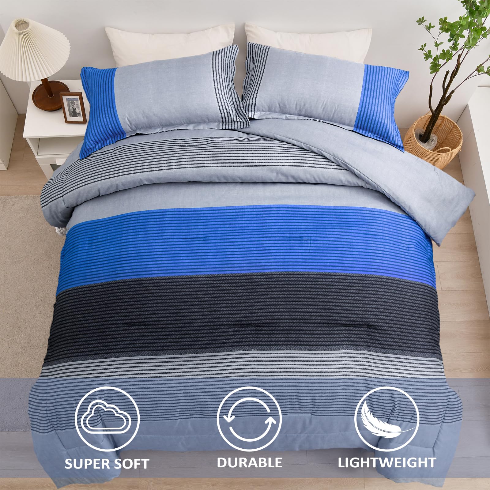 WONGS BEDDING King Size Blue & Grey Reversible Down Alternative Comforter Set - 3 Piece Microfiber Bedding (104