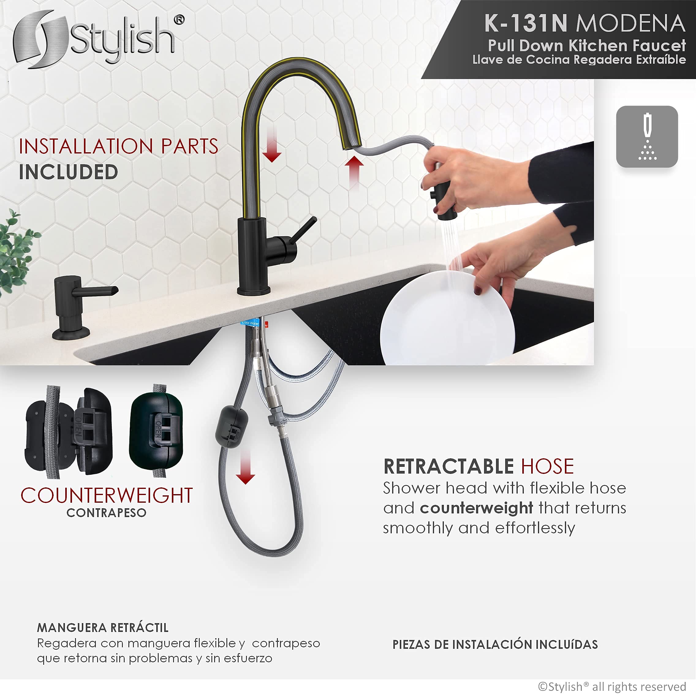 Premium Stainless Steel Kitchen Faucet with Pull Down Sprayer - 1 Handle Dual Function Mixer Tap, Ceramic Cartridge & Aerator - Matte Black (Model K-131N) - Perfect for Modern Kitchens, Restaurant Prep Areas & Home Renovations