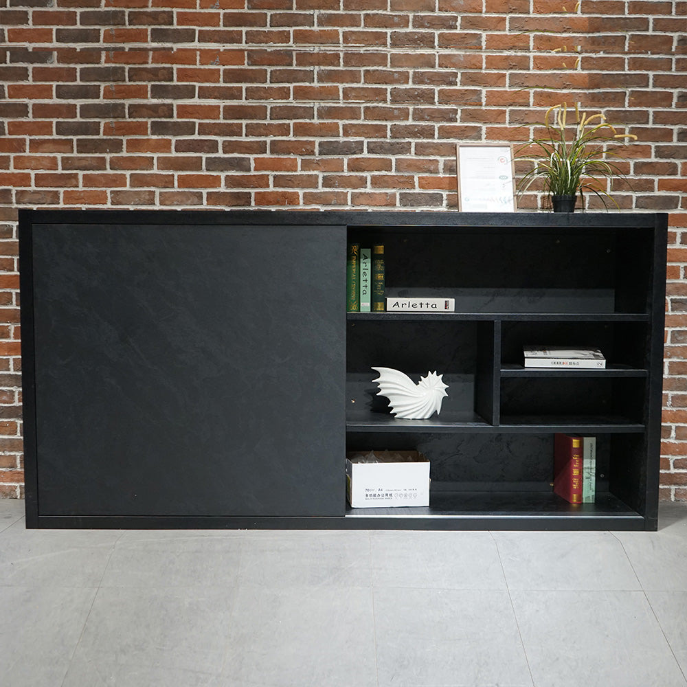 AFTAN 94.5-Inch Black Concrete TV Stand with Open Shelves - Modern Entertainment Center for Living Room, Bedroom & Home Theater