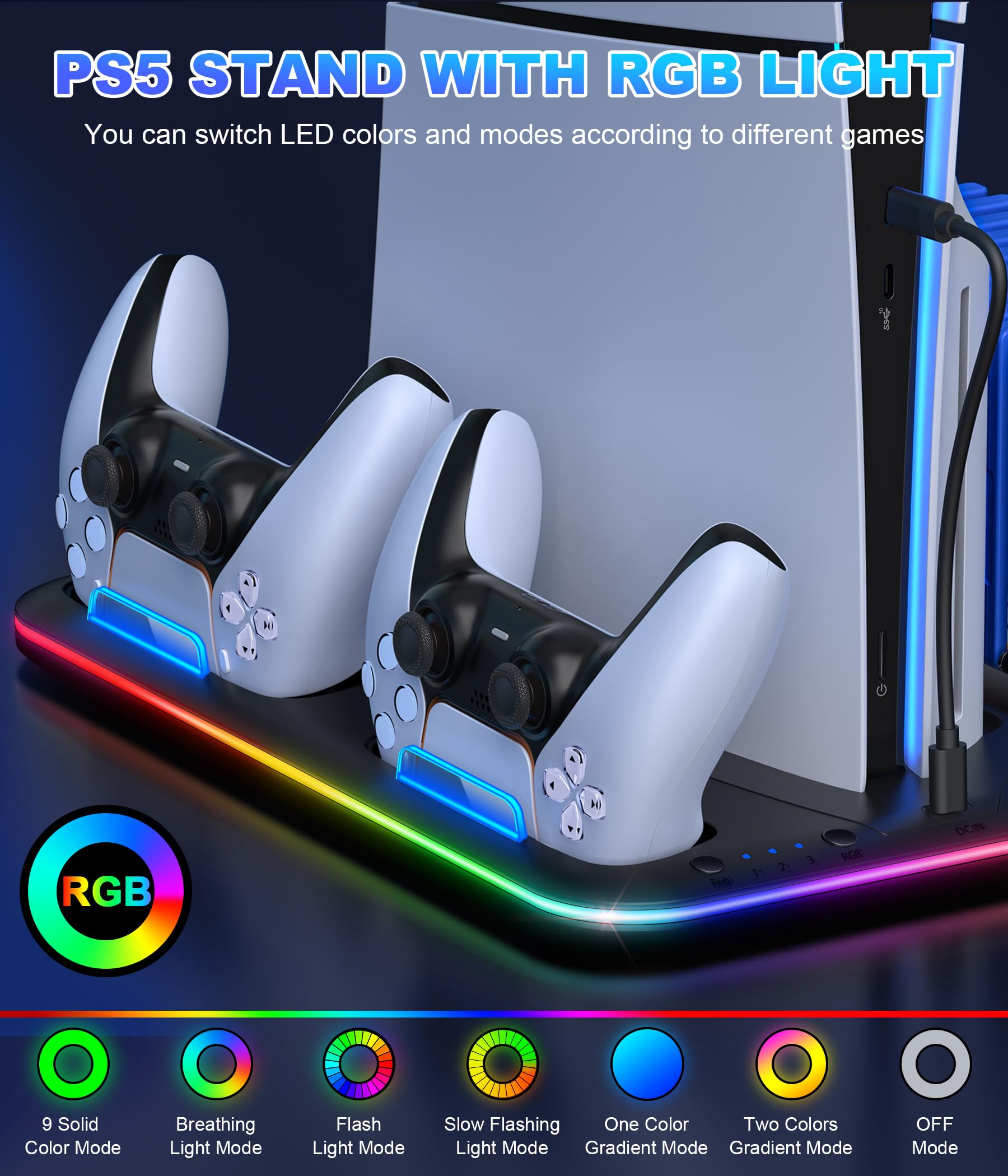 PS5 Cooling Stand with RGB Lights & Dual Controller Charger - 3-Speed Cooling Fan for PlayStation 5 Slim/Disc/Digital Edition | Includes Headset Holder & 15 Game Storage Slots - Perfect for Gaming Setup & Accessories Organization