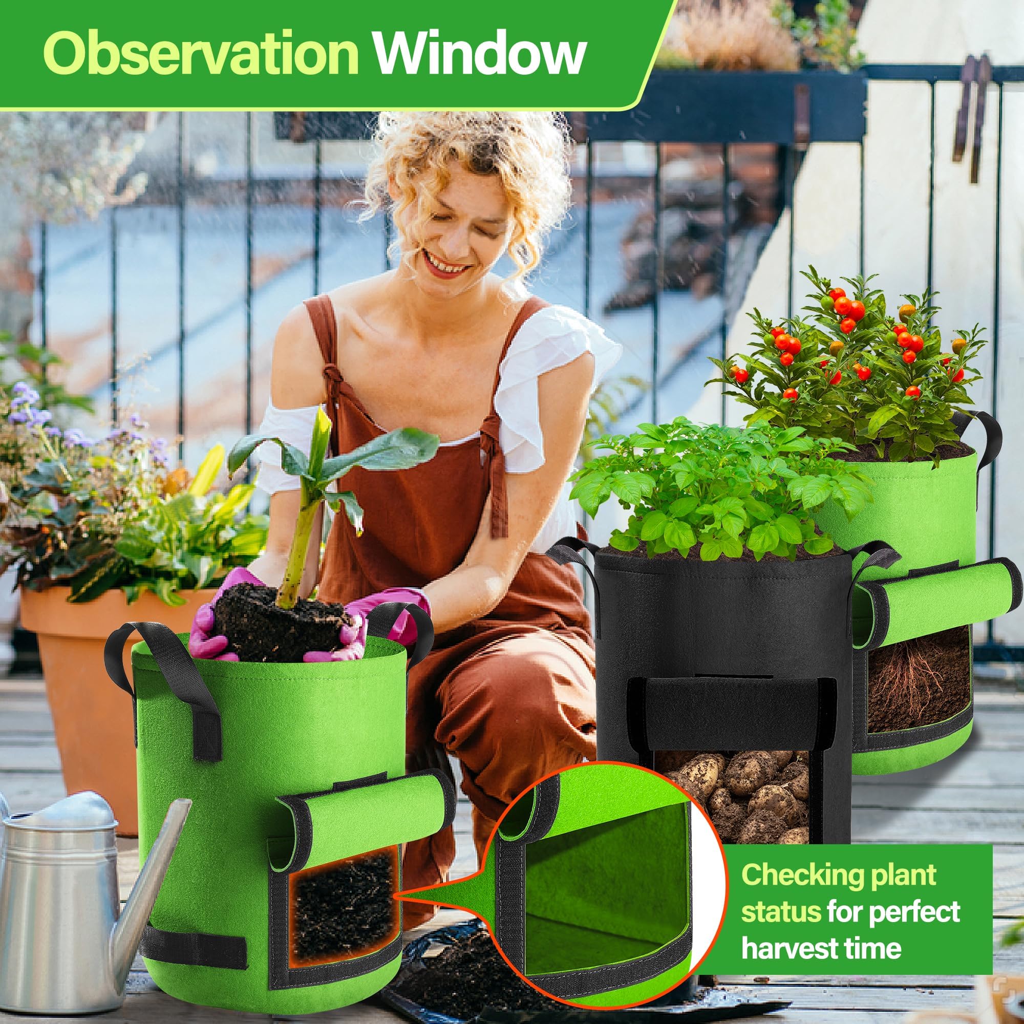 6 Pack 10 Gallon Potato Grow Bags with Flap & Harvest Window - Durable Fabric Garden Planter Pots for Vegetables, Fruits, Herbs - Ideal for Patio, Balcony & Indoor Gardening (Black & Green)