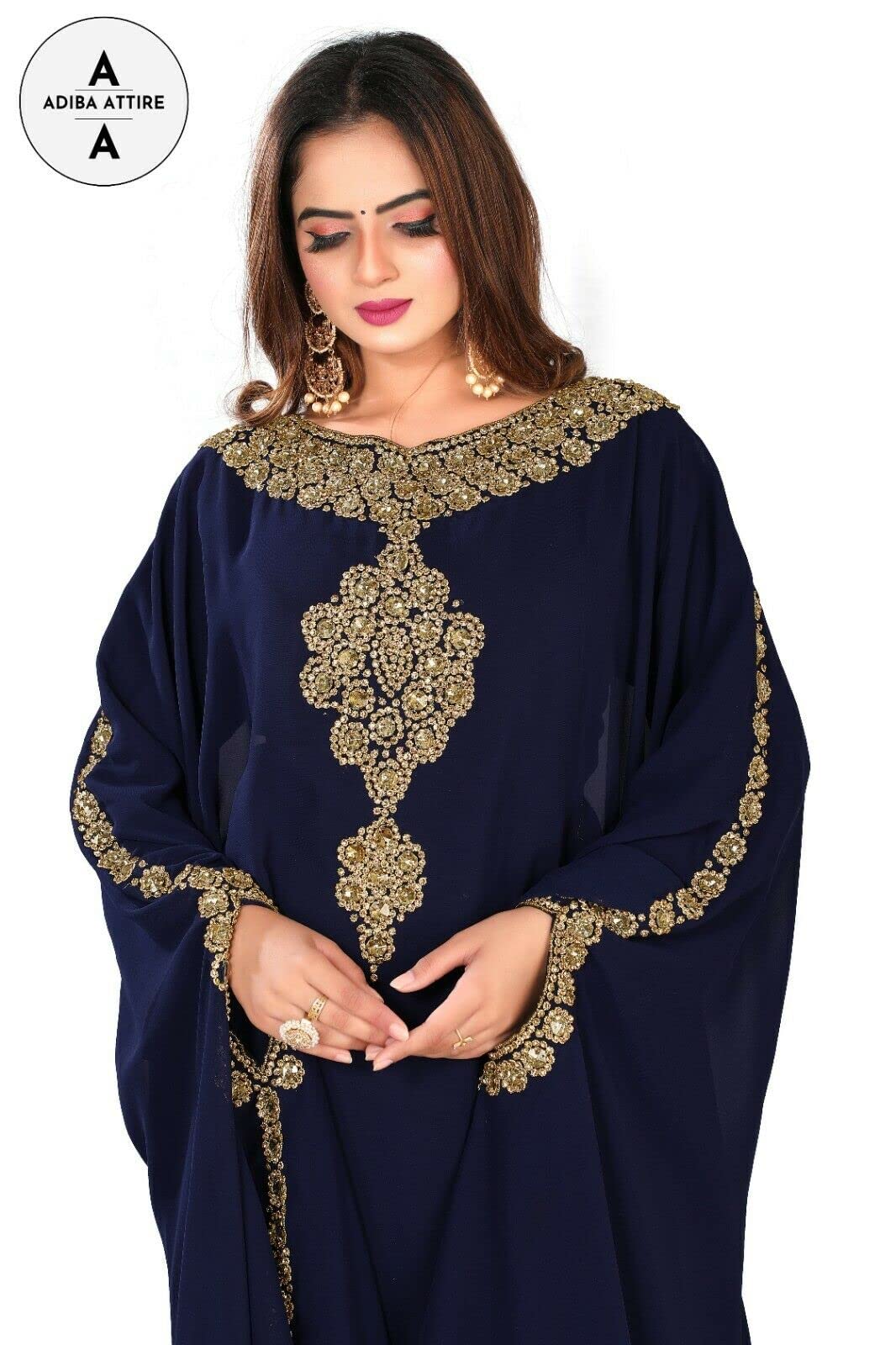 Elegant Moroccan Dubai Abaya Farasha Kaftan for Women - Embroidered Long Gown Dress in Navy Blue | Perfect for Eid, Wedding & Special Occasions