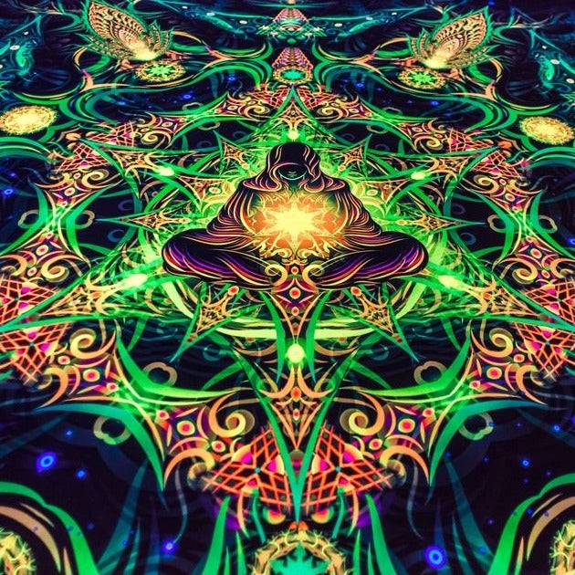 Yellow Mandala Glow in the Dark Tapestry - UV Reactive Wall Art Decor for Bedroom, Yoga Studio & Meditation Space
