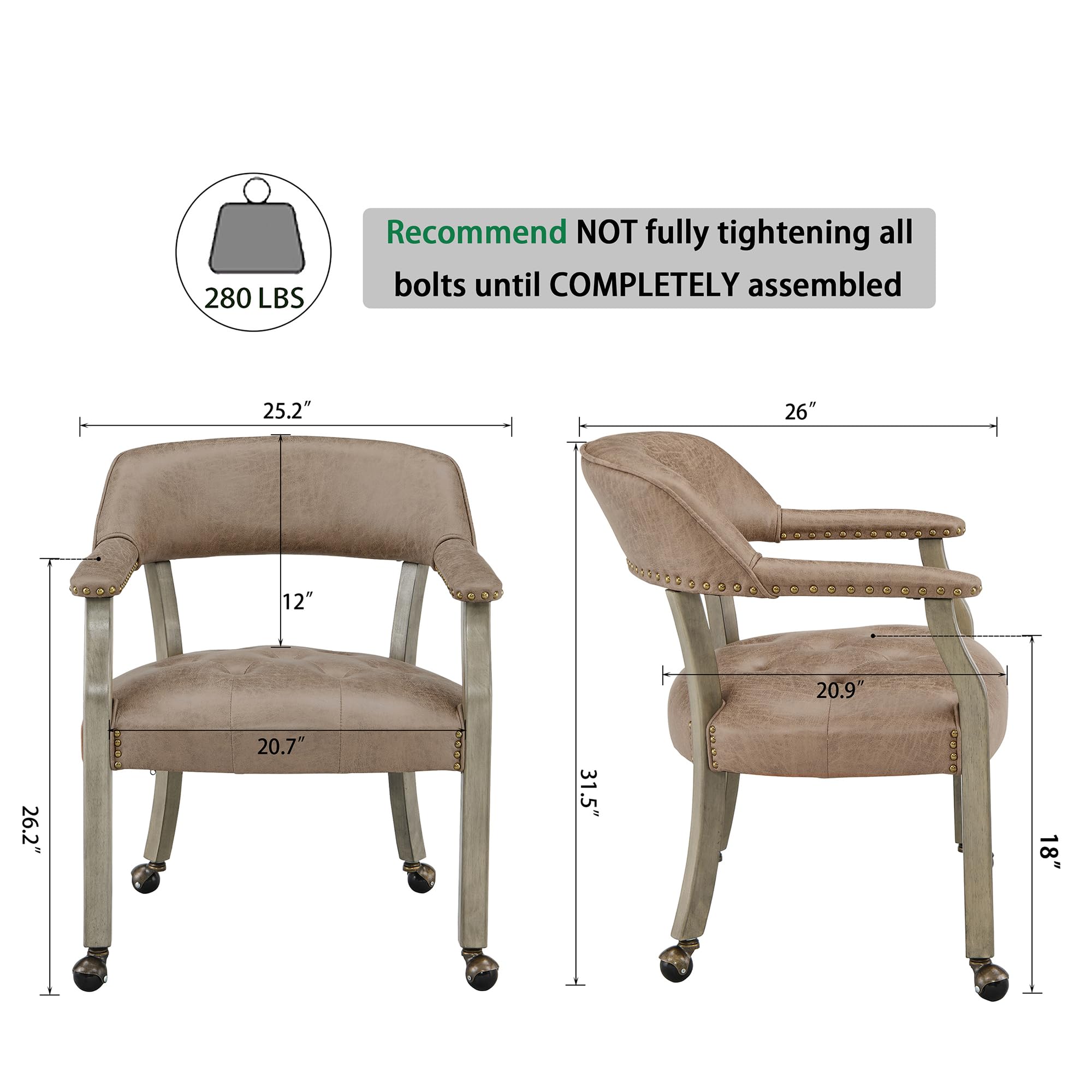 LEEMTORIG Rolling Dining Chairs with Casters & Arms - Grey Legs & Yellowish Brown Wooden Captains Chairs for Kitchen Table, Poker Table, Office & Home Use - SY-1318-LT