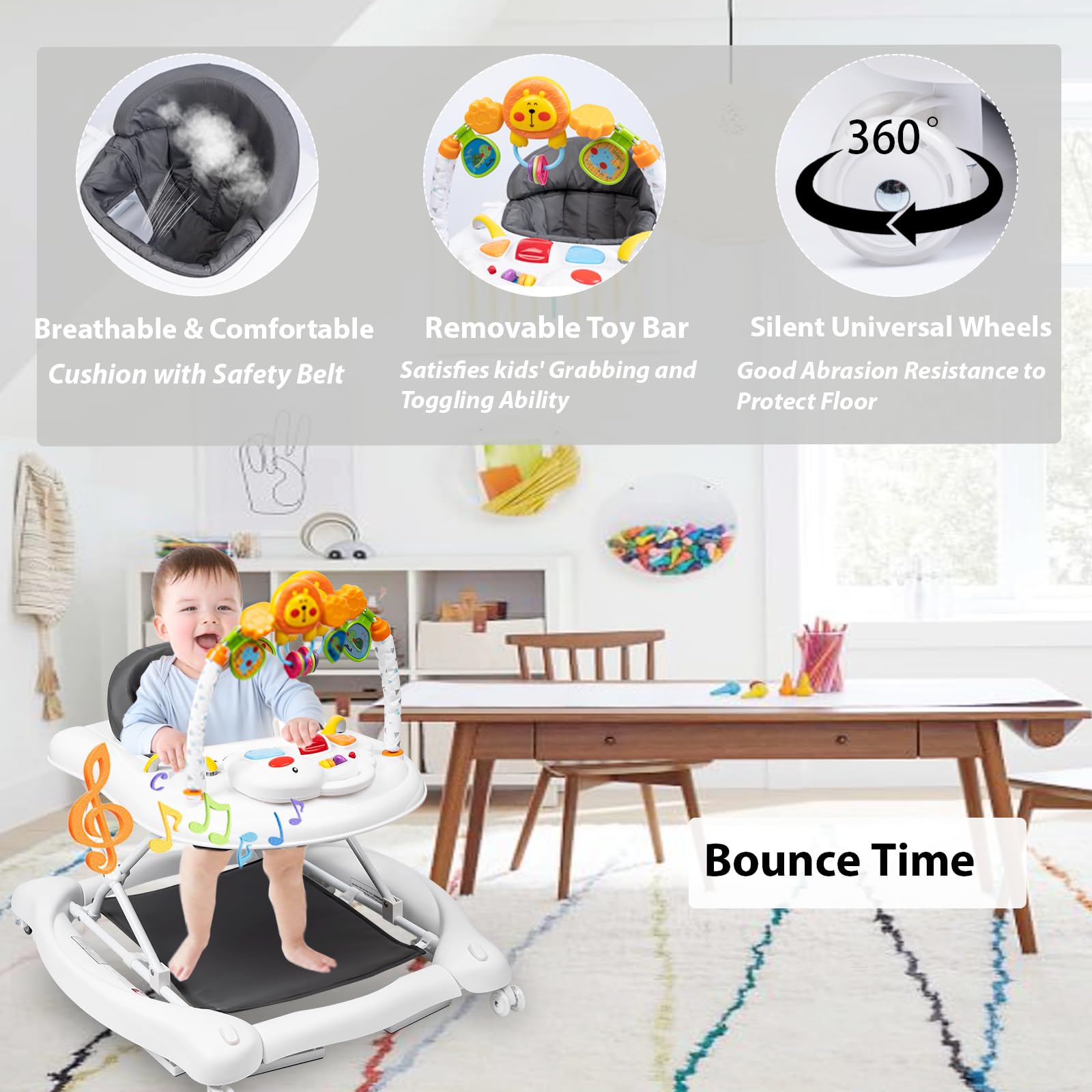 5-in-1 Baby Walker for Boys & Girls 6-18 Months | Foldable Activity Walker with Adjustable Height, Removable Footrest & Feeding Tray | Toddler Walker with Bouncer & Music | Perfect for Learning to Walk, Playtime & Mealtime at Home