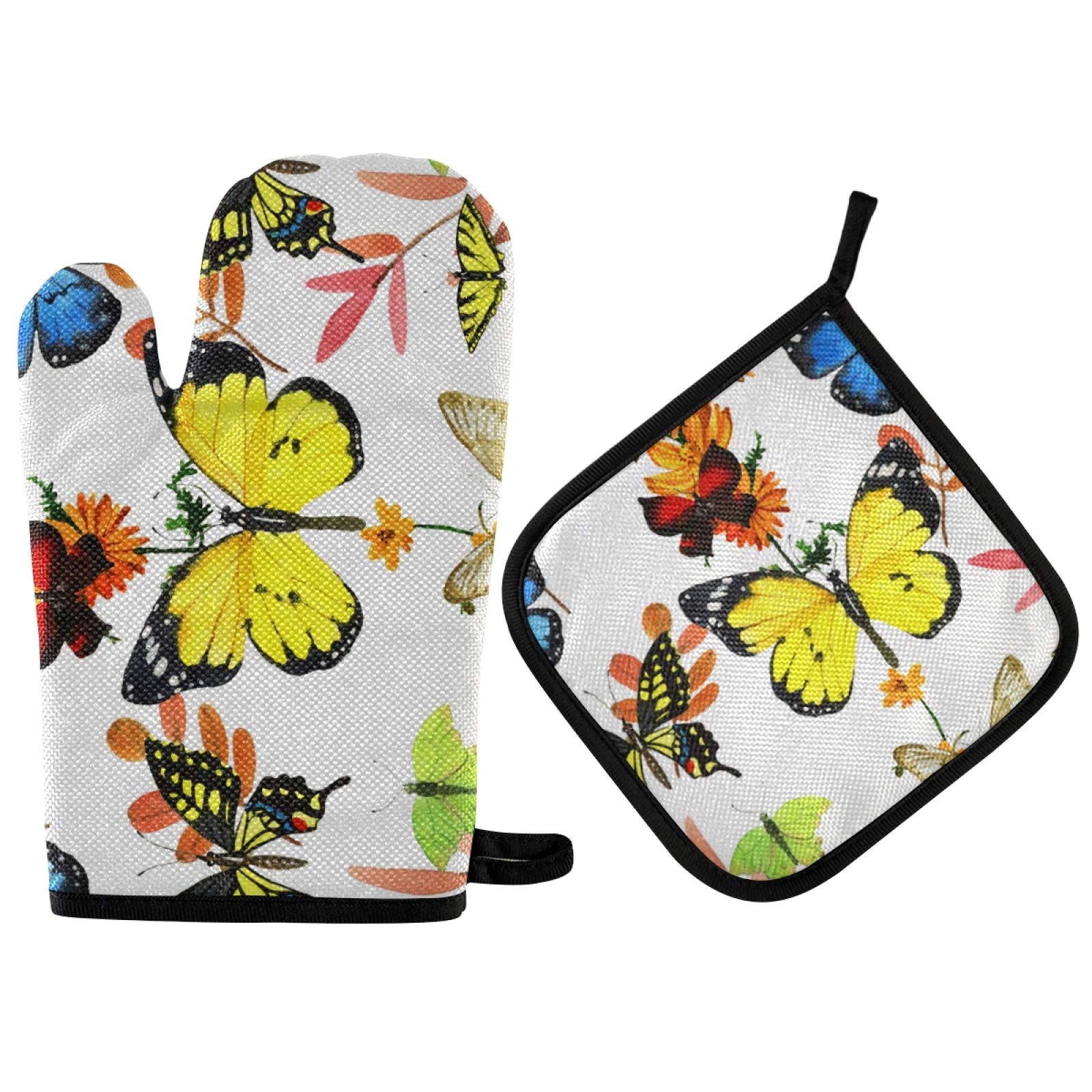 Non-Slip Watercolor Butterfly Oven Mitts & Pot Holders Set - Heat Resistant Kitchen Gloves for Baking, Grilling, Cooking - Perfect for Home Kitchen & BBQ Parties
