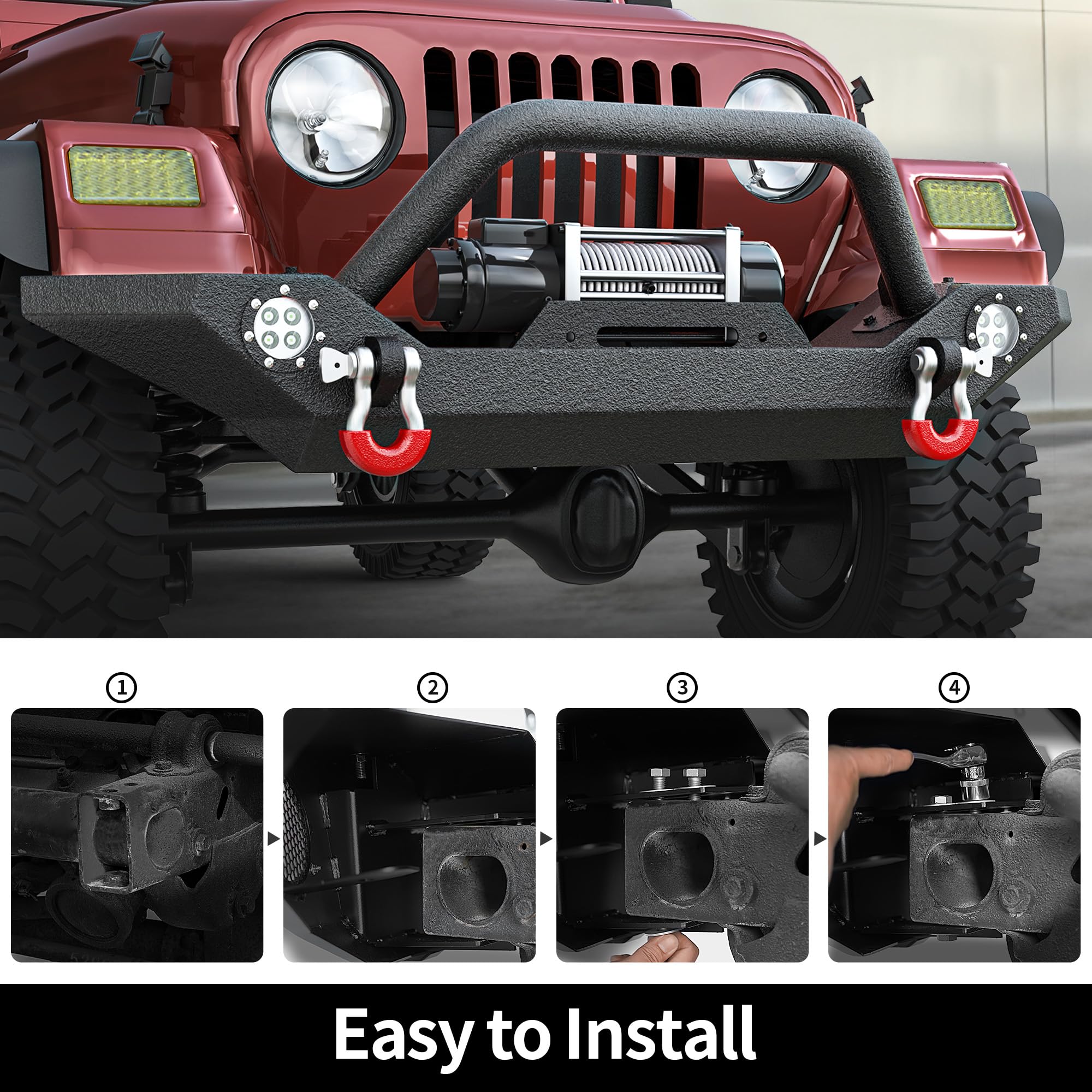 LEDKINGDOMUS Heavy Duty Rock Crawler Front Bumper with Winch Plate & LED Lights for 87-06 Jeep Wrangler YJ TJ - Textured Black | Off-Road Adventure & Trail Riding Accessory