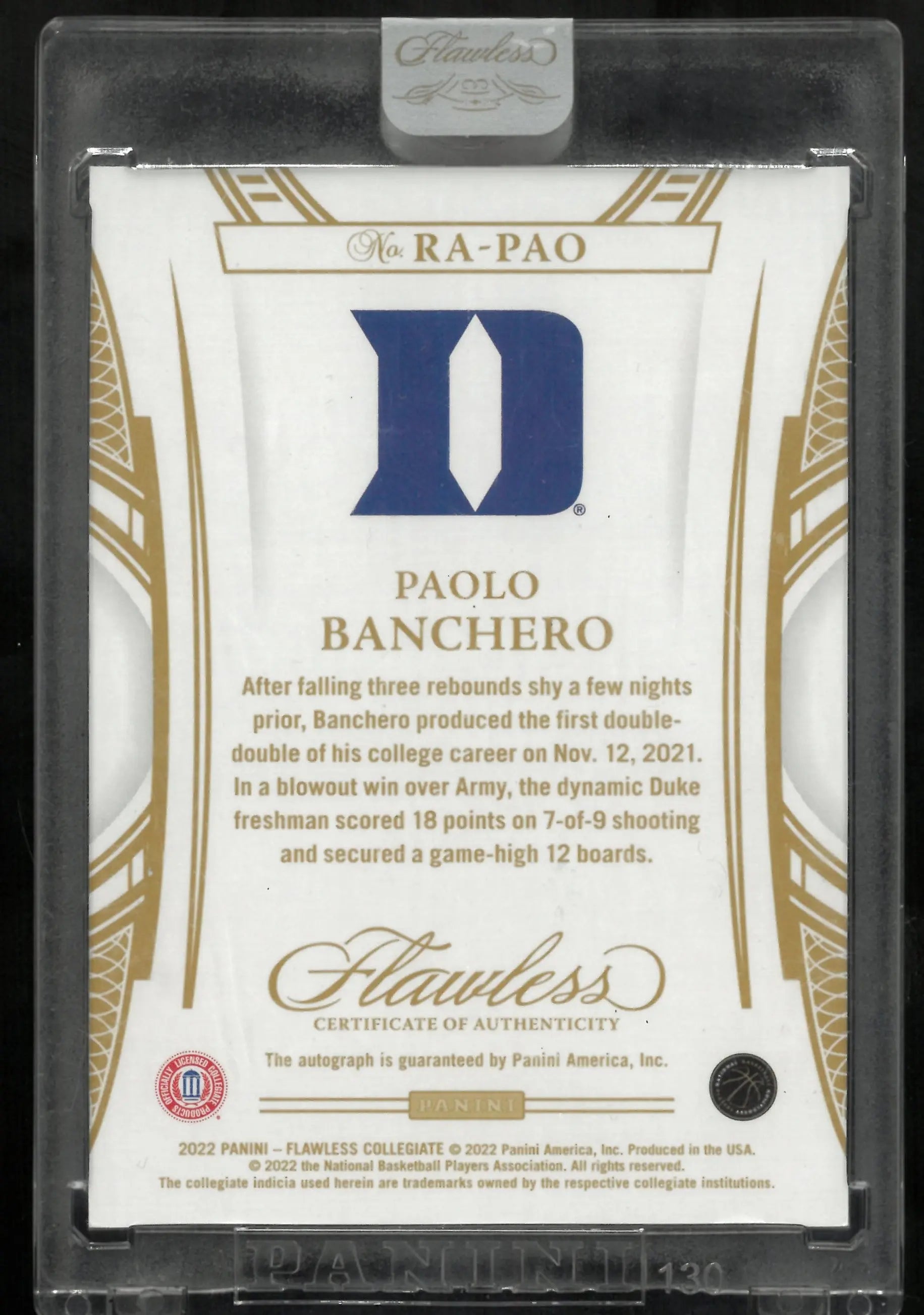 2022 Panini Flawless Collegiate Paolo Banchero Rookie Autograph Card #17/25 - Rare Basketball Collectible for Sports Memorabilia Enthusiasts & Investment