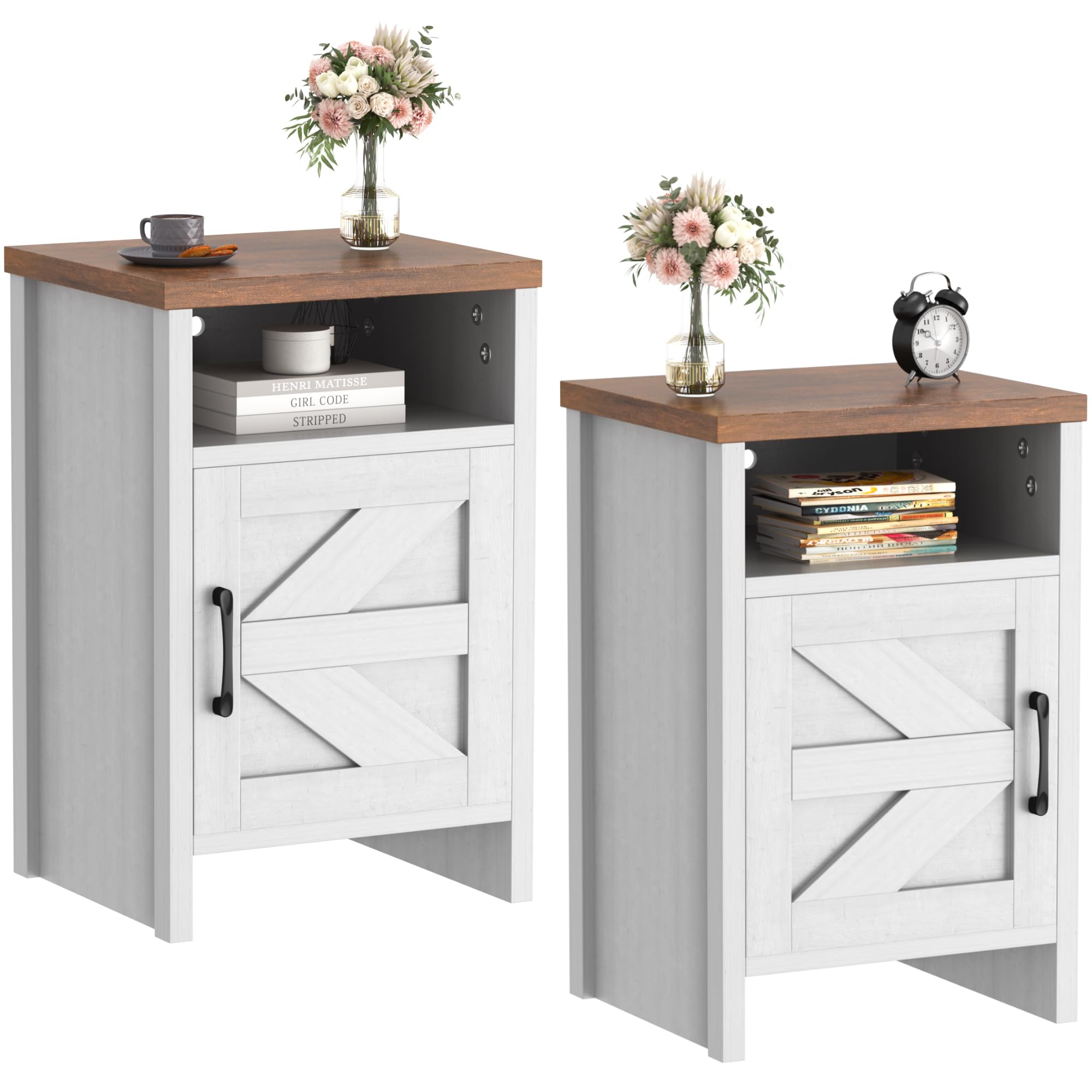 JUMMICO White Farmhouse Nightstand - Modern Bedside Table with Barn Door & Shelf, Rustic End Table for Bedroom & Living Room - Perfect for Small Spaces, Guest Rooms & Apartment Decor (Set of 2)