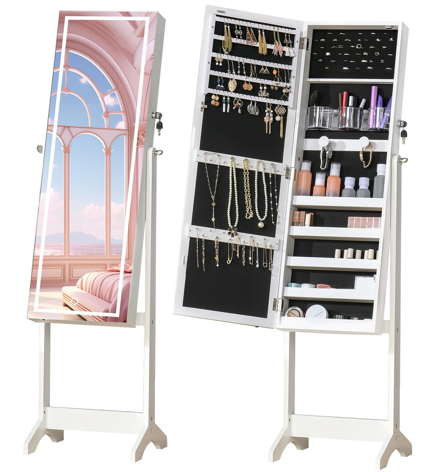BOSTANA 6-LED Full Length Mirror Jewelry Cabinet with Touch Control & Adjustable Angles - White Jewelry Organizer Armoire with Storage | Perfect for Bedroom, Dressing Room & Closet Organization