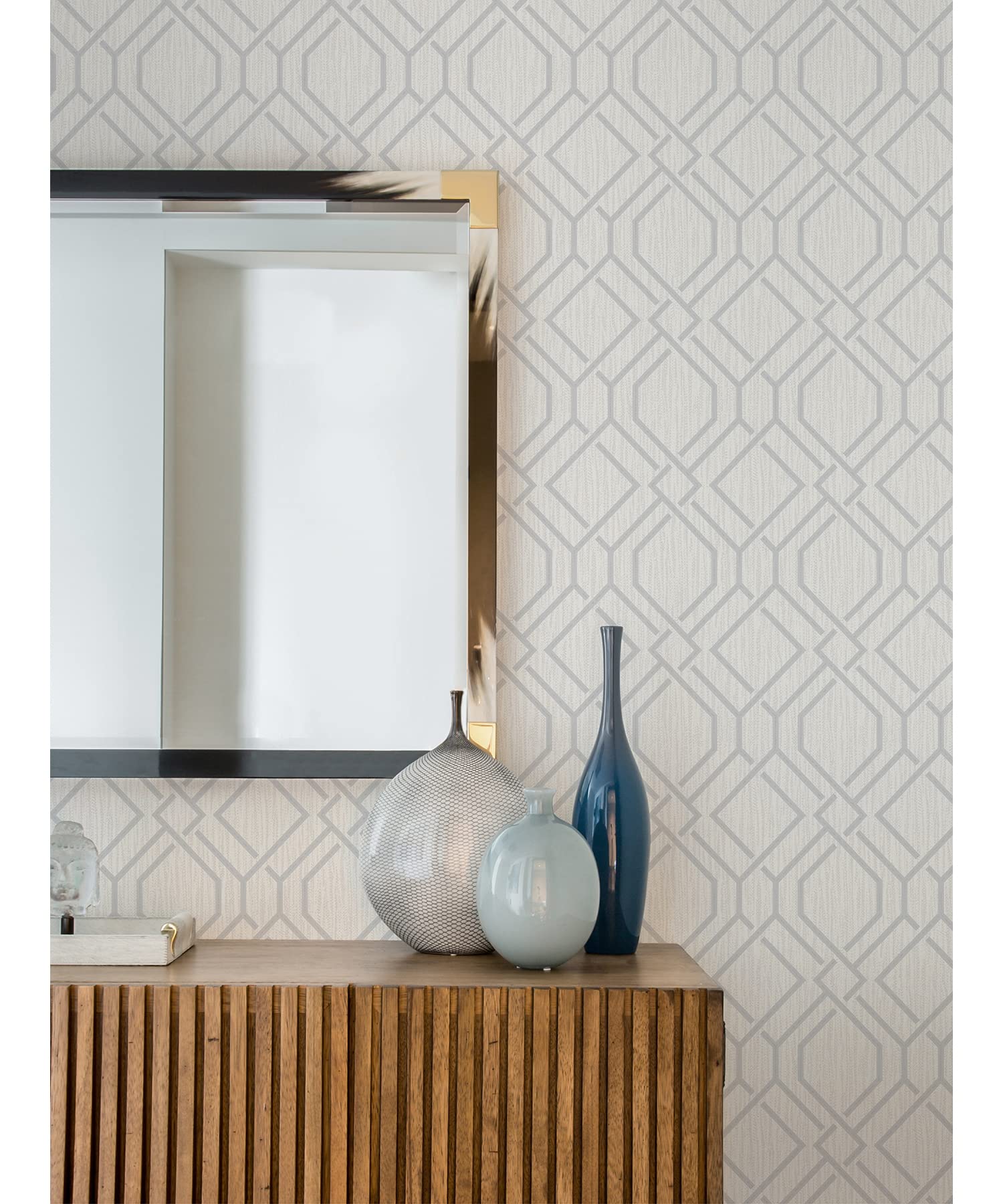 Brewster Home Fashions Frege Silver Trellis Wallpaper - Peel and Stick Removable Wallpaper for Bedroom, Living Room, Office Decor - Self-Adhesive Wall Covering for Home Renovation