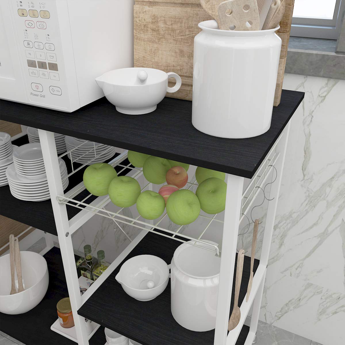 SogesHome 4-Tier Microwave Stand Shelf - Sturdy Kitchen Storage Organizer with Walnut Black Finish - Perfect for Coffee, Snacks & Small Appliances - Ideal for Home, Kitchen & Living Room Organization