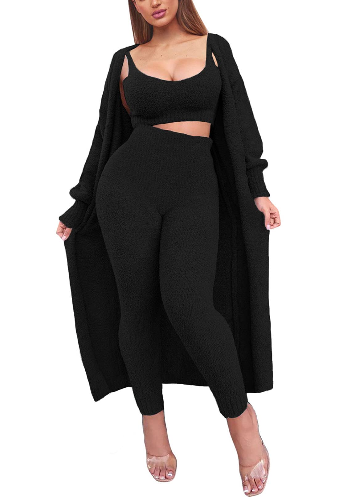 Falvurt Women's 3-Piece Fuzzy Lounge Set - Open Front Cardigan, Crop Tank Top & Wide Leg Pants | Cozy Loungewear for Home, Yoga & Relaxation
