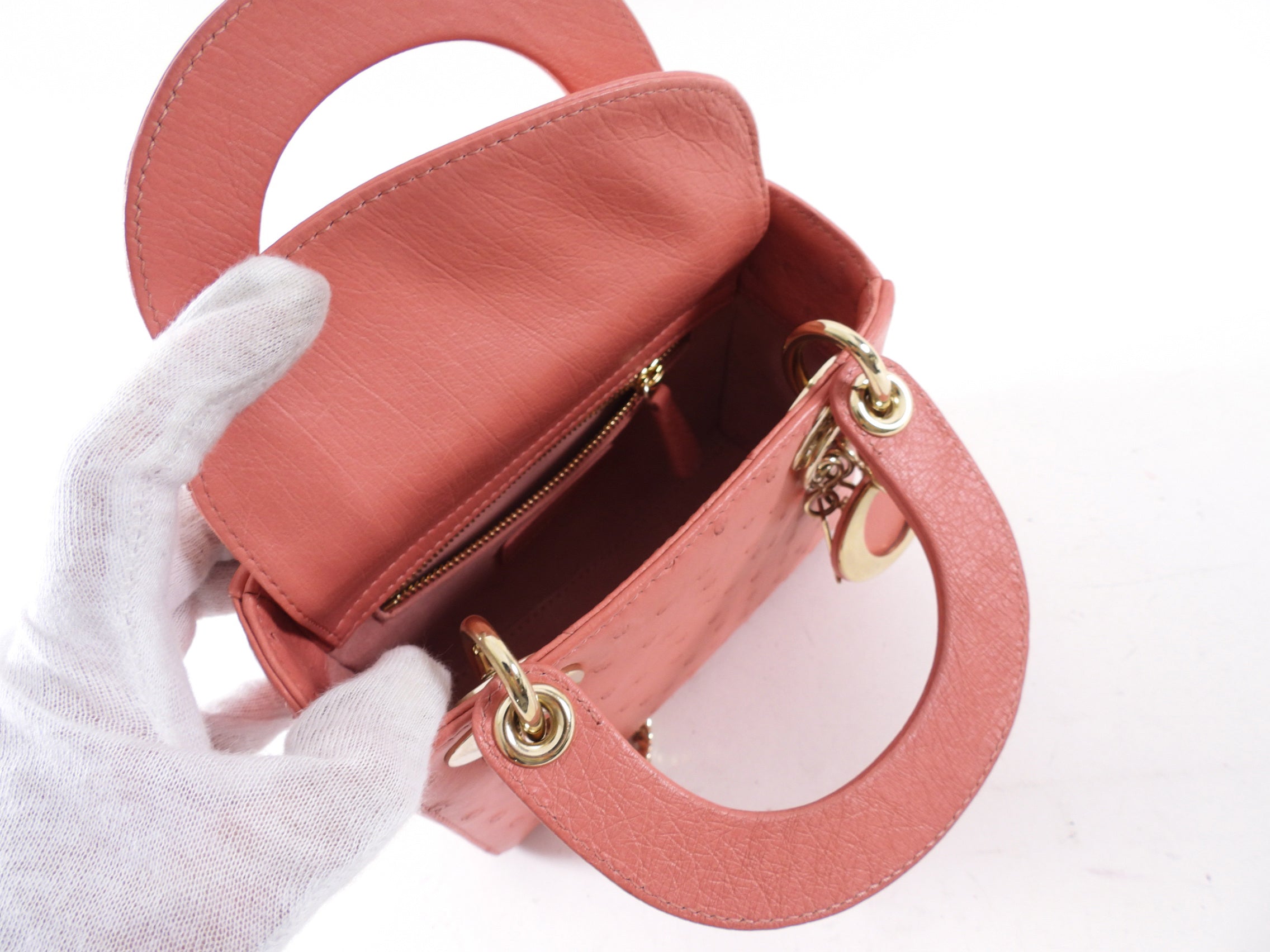 Christian Dior Lady Dior Mini Bag in Pink Ostrich Leather - Luxury Crossbody Purse for Women, Perfect for Evening Parties & Special Occasions