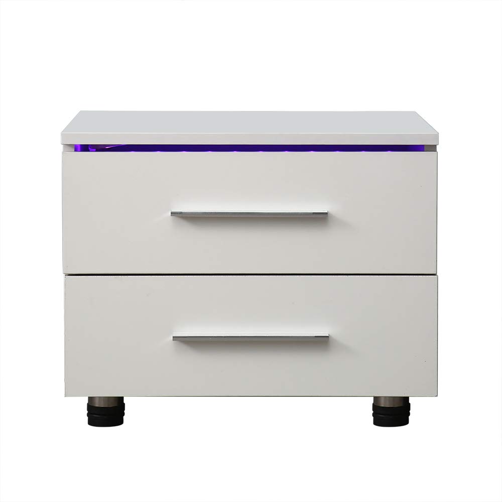 Modern High-Gloss LED Nightstand with 2 Drawers - Simple Contemporary Bedside Table, Coffee Table & Storage Dresser for Bedroom, Living Room & Office - Easy Assembly White Furniture for Small Spaces & Home Decor