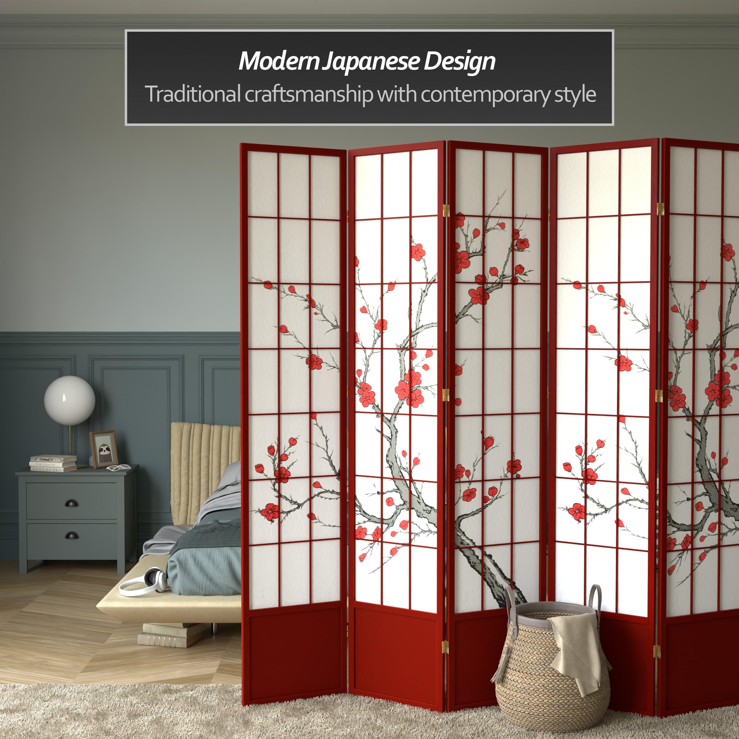 Red Lantern SS-84CBLSS Rosewood 5-Panel Room Divider Screen - Handcrafted Asian Style Privacy Partition for Living Room, Bedroom, or Office Decor