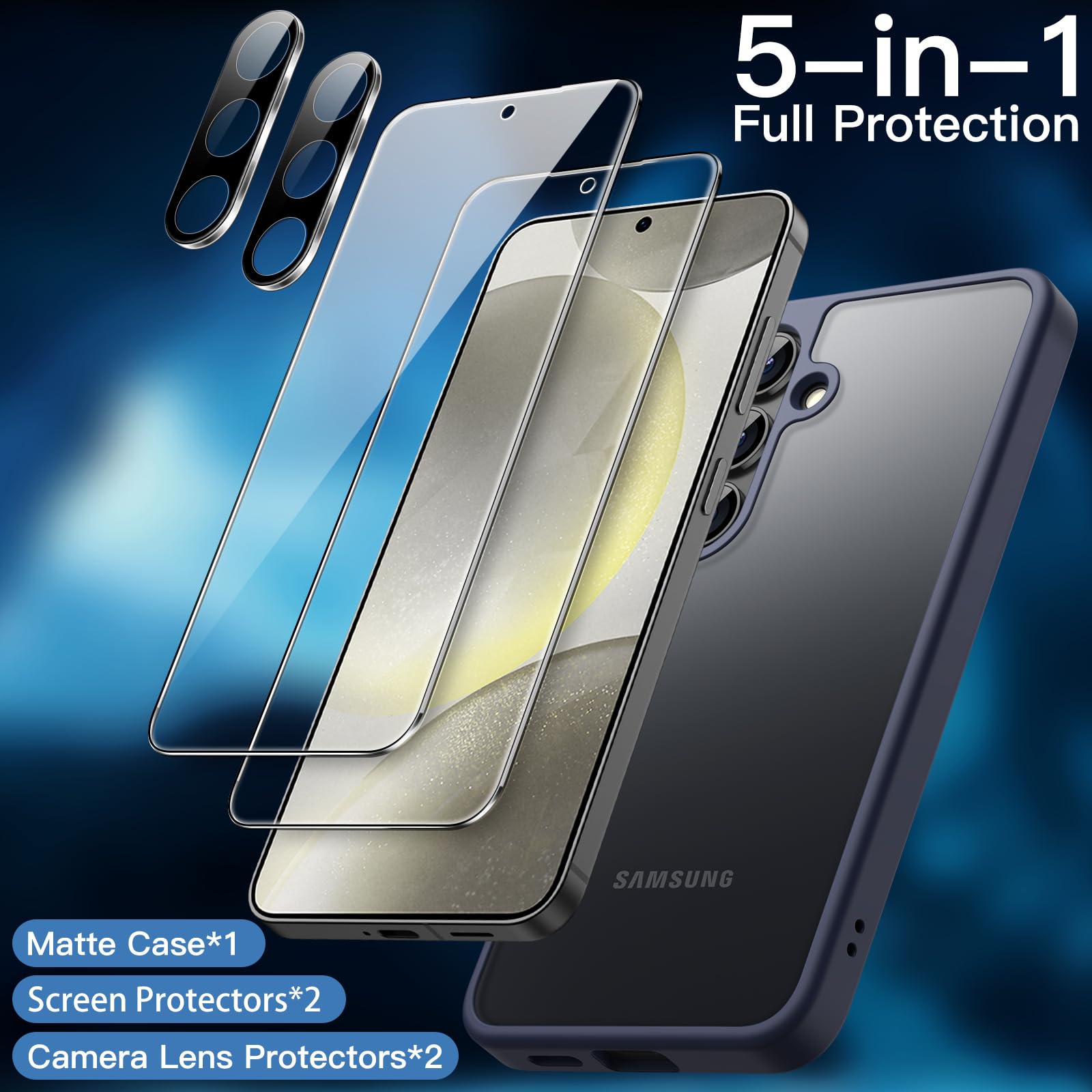 JETech 5-in-1 Matte Case for Samsung Galaxy S24+ / S24 Plus 5G - 2-Pack Tempered Glass Screen Protector & Camera Lens Protector, Translucent Back Protective Phone Cover (Dark Blue) - Perfect for Work, Travel & Everyday Protection