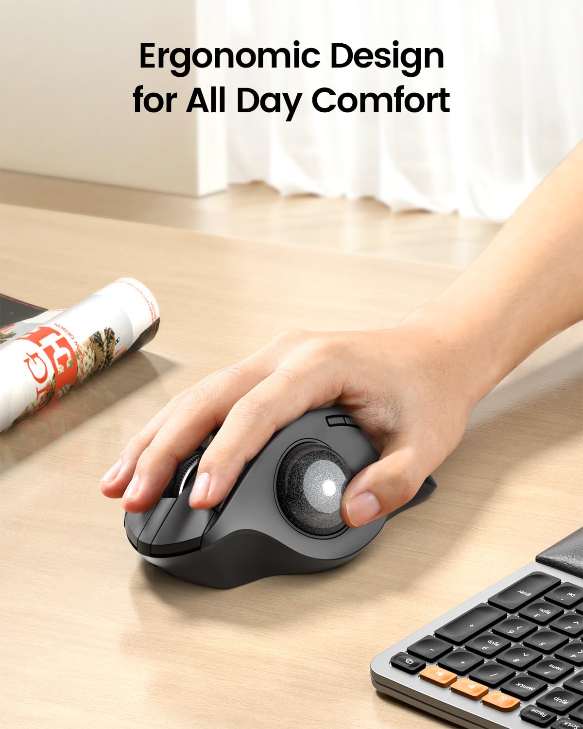 ProtoArc EM01 Wireless Ergonomic Trackball Mouse - Bluetooth Rechargeable Thumb Control Mouse with Adjustable Angle & 3-Device Connectivity for PC, Mac, Windows (Gray) - Perfect for Office Work, Graphic Design & Gaming