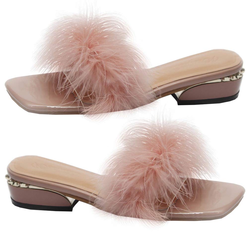 USHOBE Women's Fluffy Open Toe High Heel Sandals - Soft Plush House Slippers with Chunky Heel for Indoor/Outdoor Wear - Perfect for Lounging, Spa Days & Cozy Home Comfort