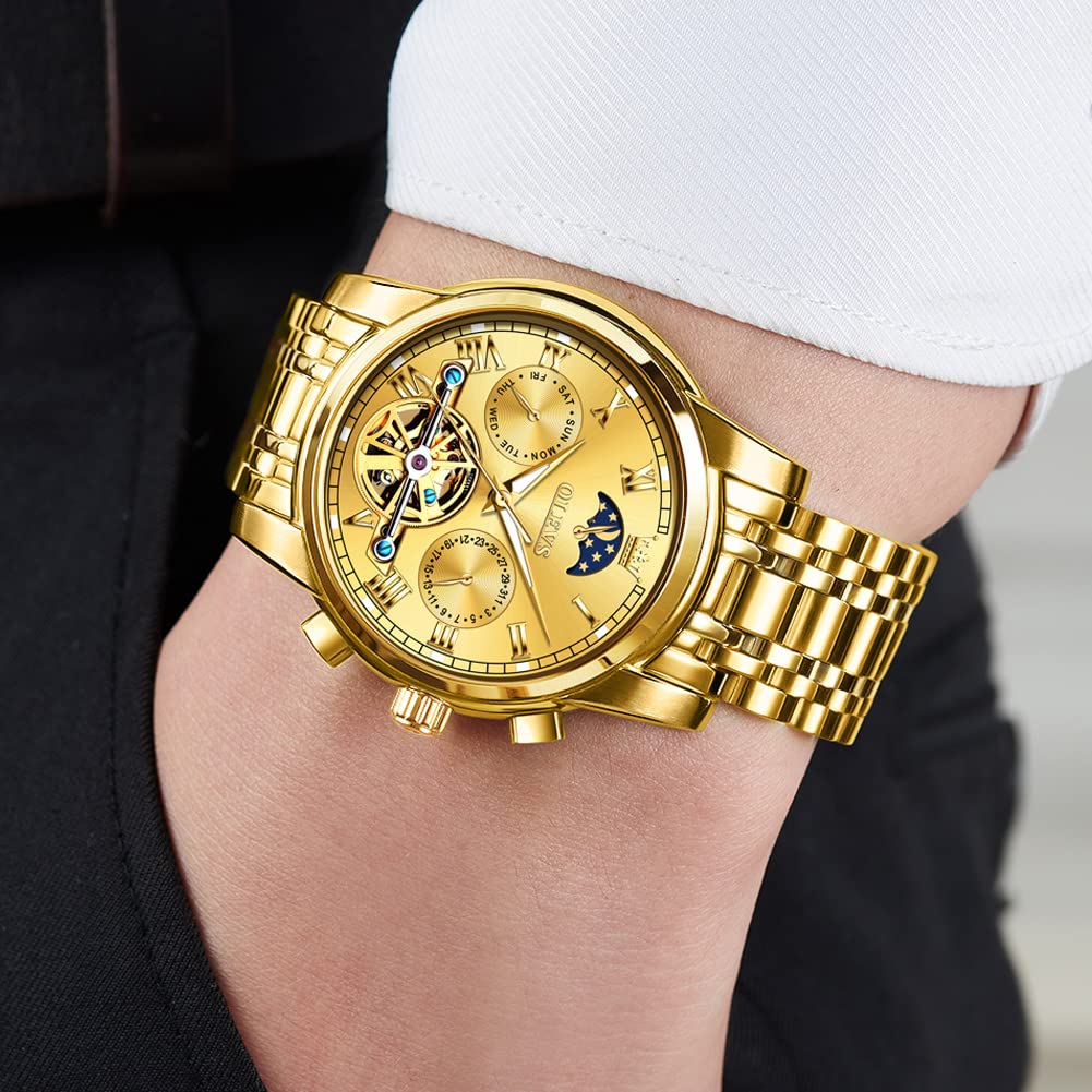 OLEVS Men's Automatic Mechanical Tourbillon Watch - Self-Winding Luxury Stainless Steel Waterproof Wristwatch with Luminous Hands & Date Display | Perfect for Business, Formal Events & Everyday Wear