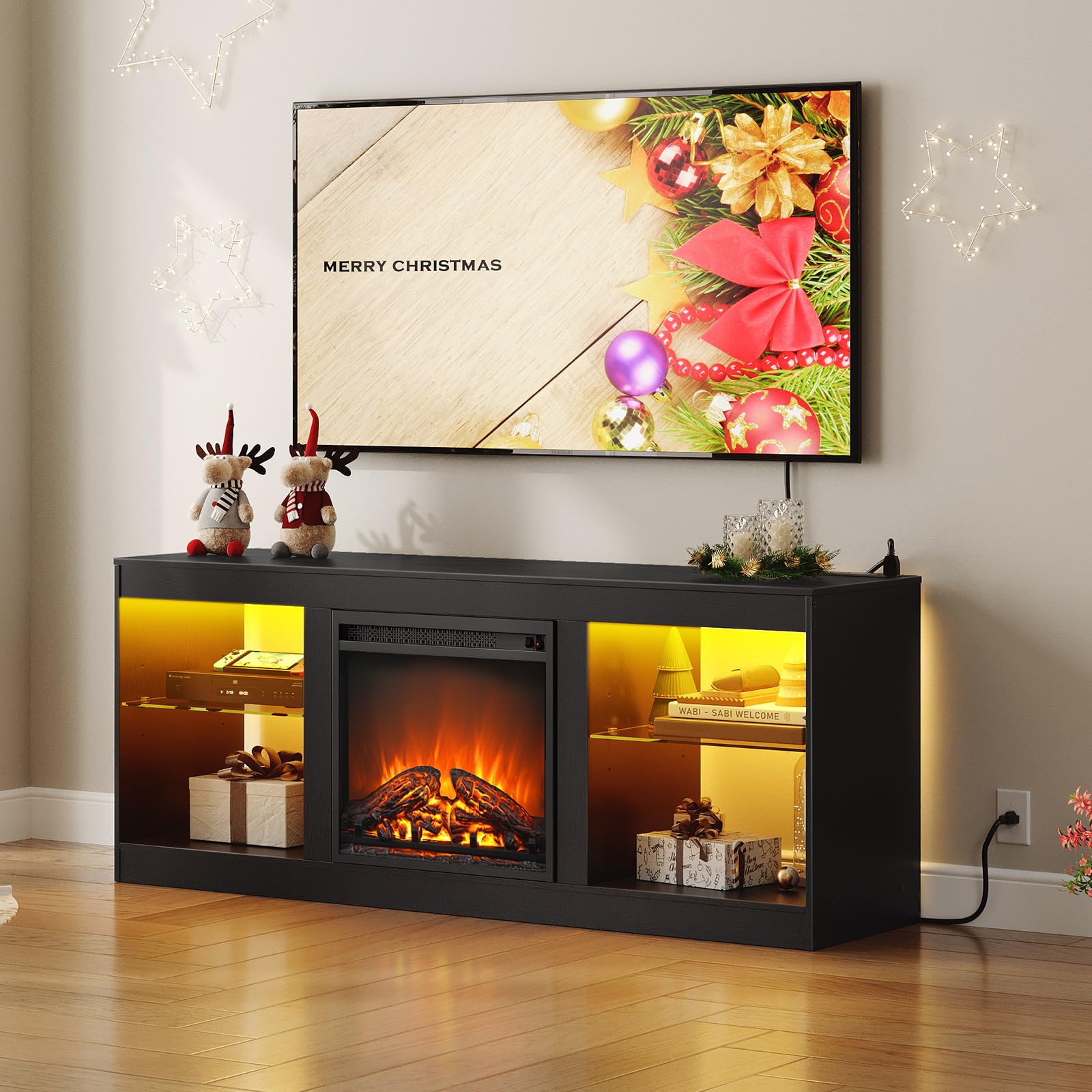 HOOBRO 65 Inch Fireplace TV Stand with LED Lights & Power Outlets, Electric Fireplace Entertainment Center with Adjustable Shelves - Modern TV Console for Living Room, Bedroom & Office (Black BK048UDDS01US) | Perfect for Home Theater Setup & Cozy Winter Nights