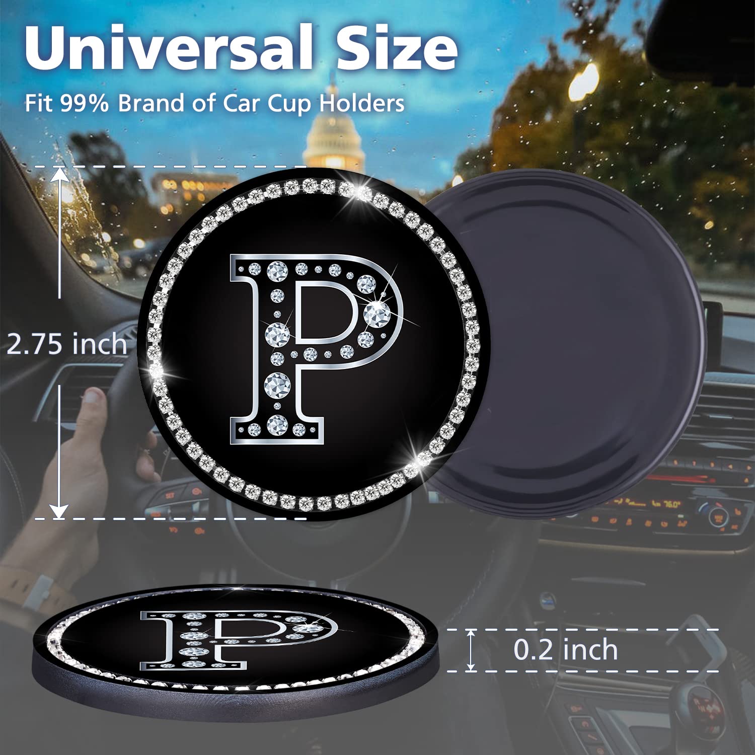 Jupswan A-Z Car Cup Holder Coaster Set of 2 - Letter P Initial Design with Bling Crystal Rhinestones | Silicone Non-Slip Drink Coasters for Cars | Perfect Automotive Accessories Gift for Women & Men | Ideal for Road Trips, Commuting & Daily Use (DZ0730-13)