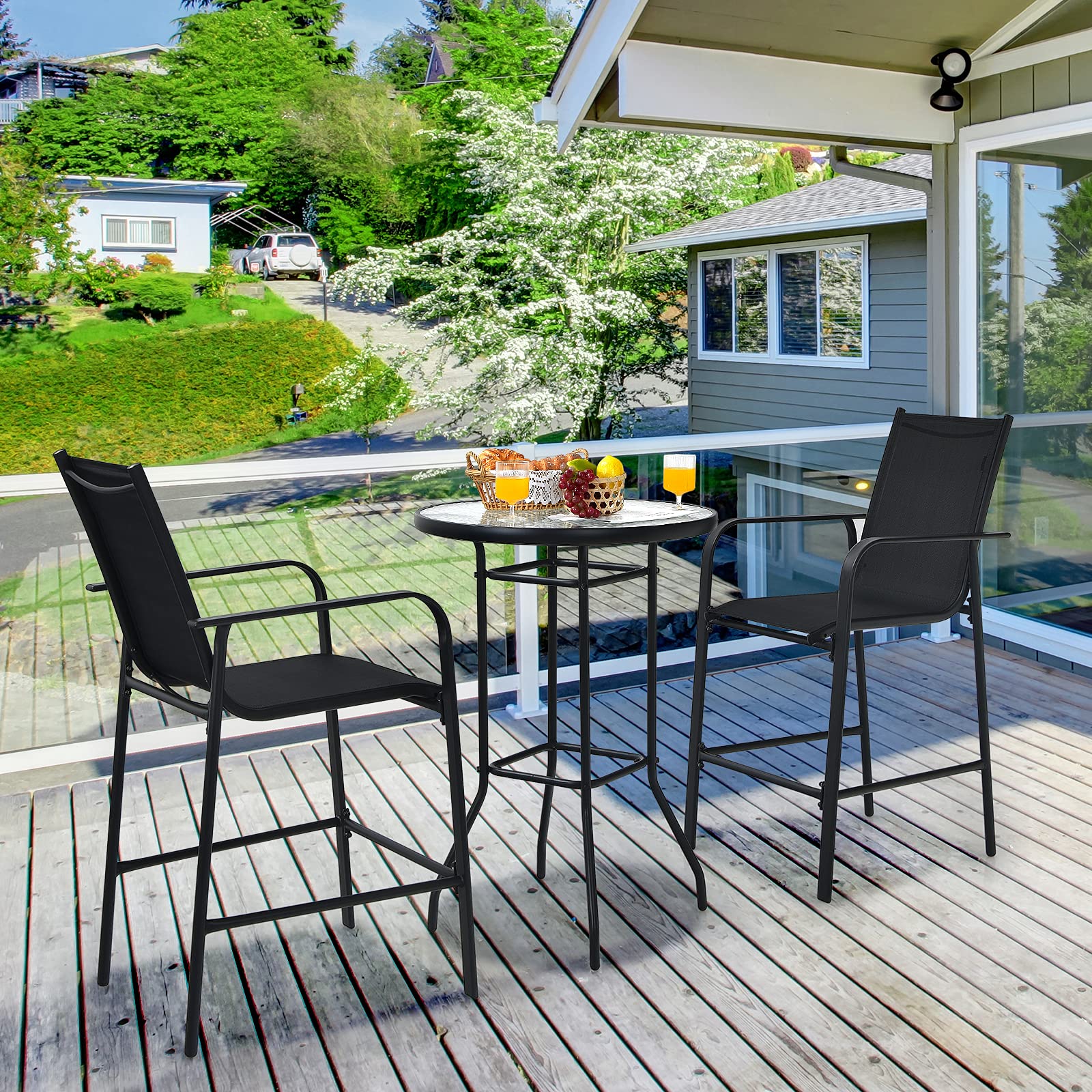 Tangkula 3-Piece Outdoor Bar Set - 2 Bar Stools & 1 Tempered Glass Table - Patio Bistro Set for Backyard, Garden, Lawn, Balcony - Black - Perfect for Outdoor Dining, Entertaining & Relaxation