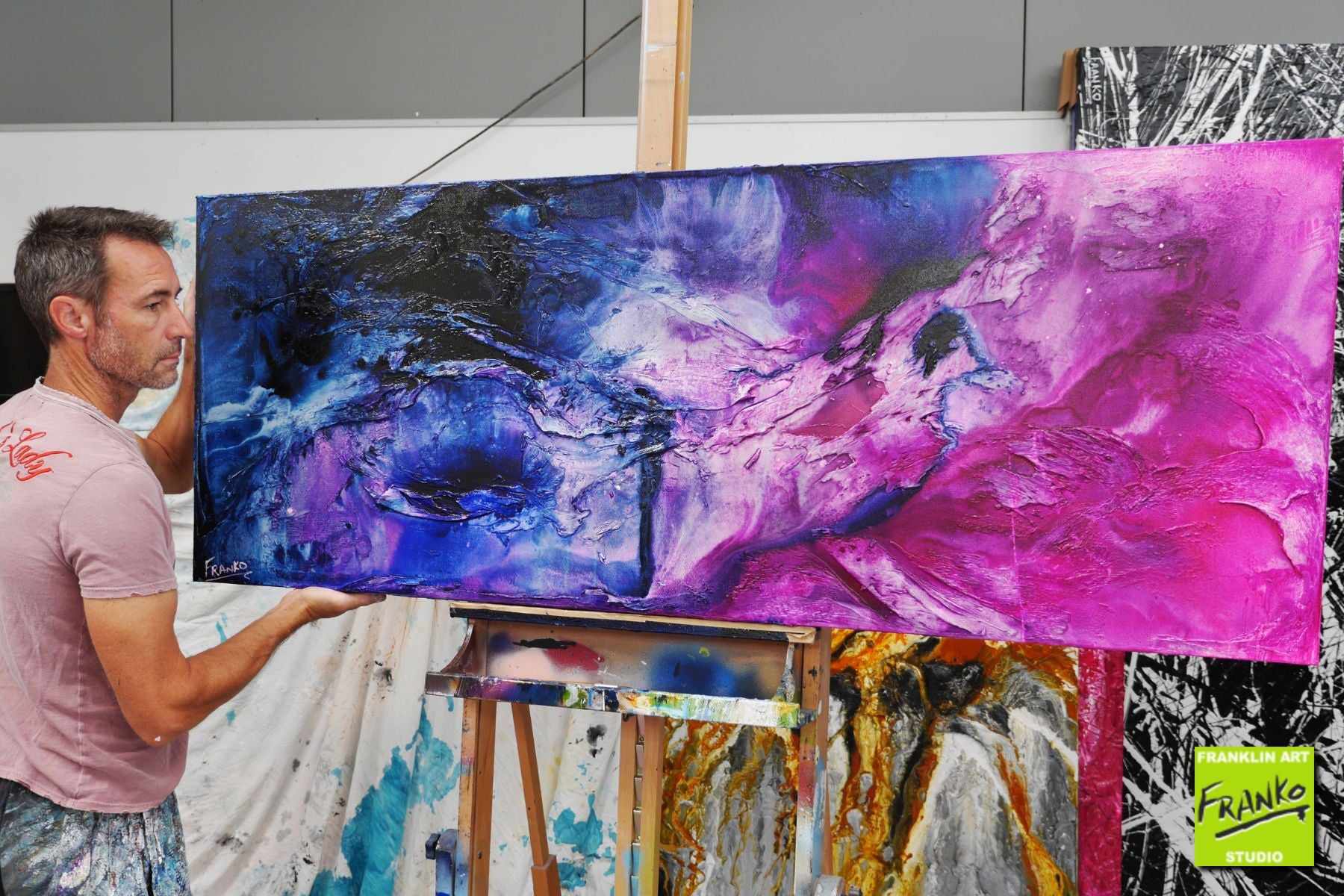 160cm x 60cm Black White Pink Blue Textured Abstract Painting by Atomic Kitten - Modern Wall Art for Living Room, Bedroom & Office Decor