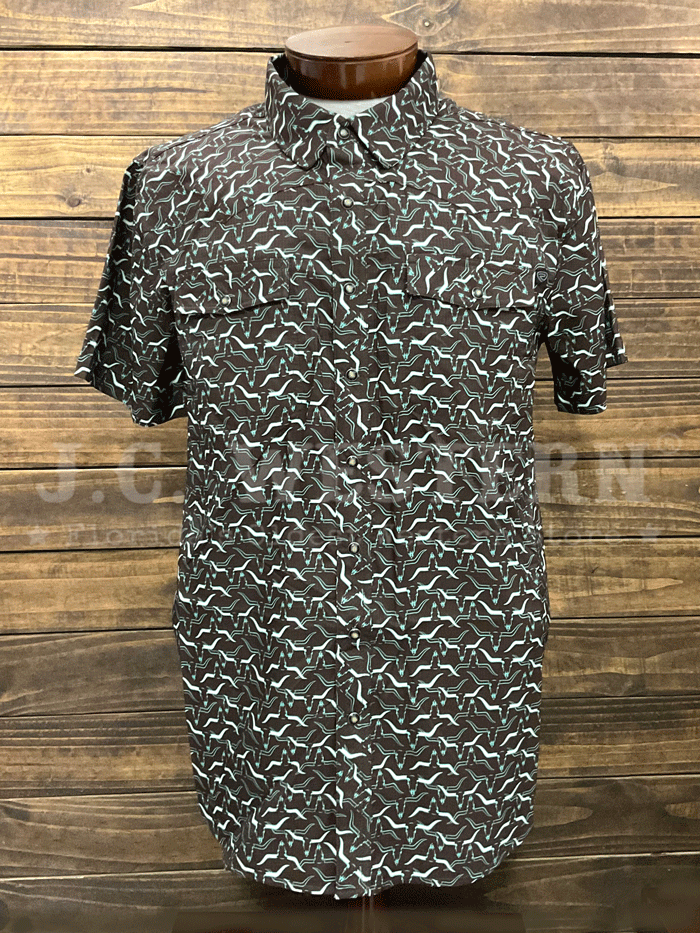 Rock & Roll Denim BMN3S05490 Men's Longhorn Print Western Snap Shirt - Short Sleeve Button Up Shirt in Chocolate Brown for Country Concerts & Rodeo Events