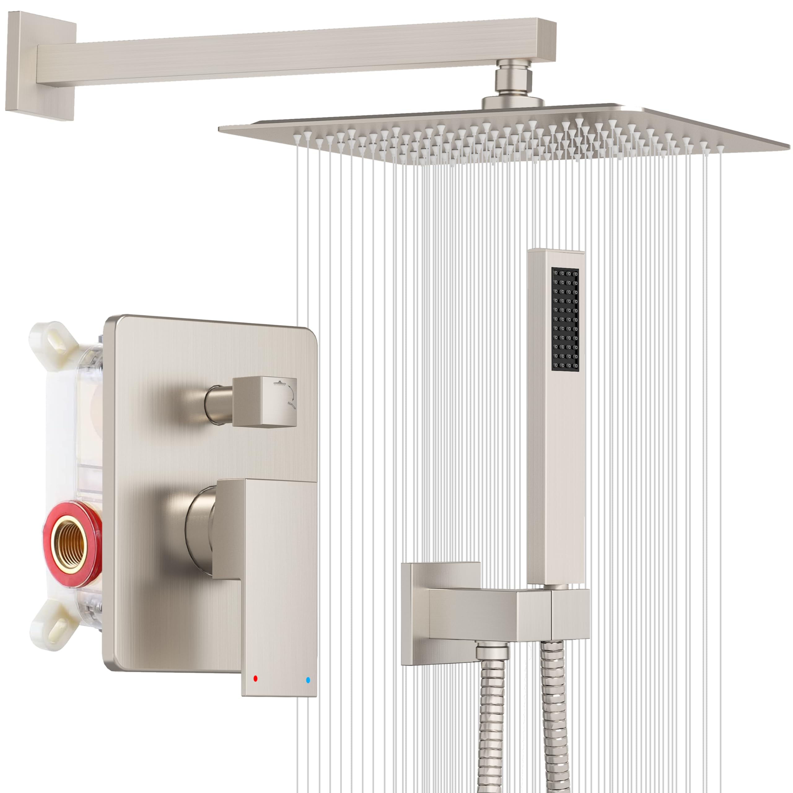 ESNBIA 12-Inch Pressure Balance Shower System - Wall Mounted Rainfall Shower Head with Handheld Spray Combo, Brushed Nickel Finish - High Pressure Shower Faucet Set for Luxurious Bathroom Experience | Perfect for Master Bath, Spa-Like Showers & Modern Home Renovations