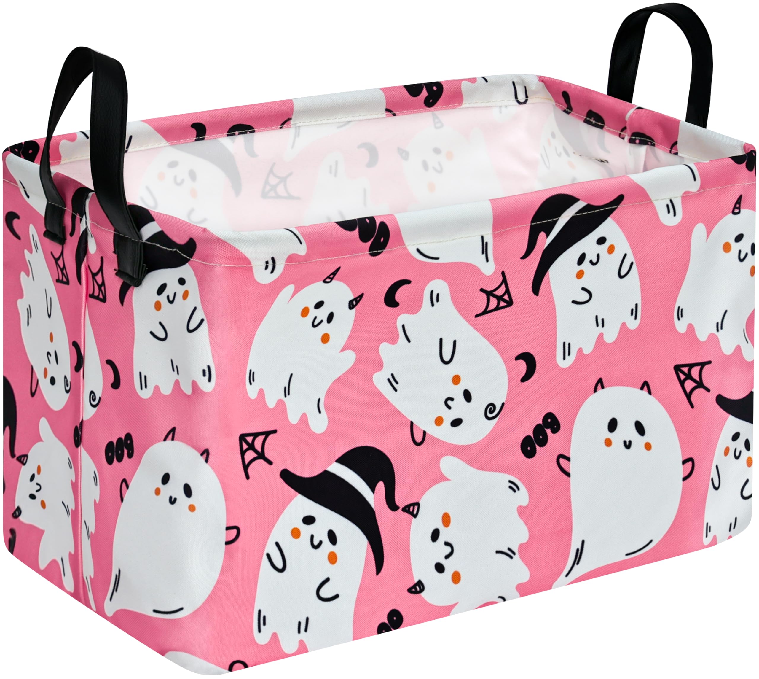 Pink Ghost Pattern Halloween Storage Basket - Canvas Storage Bin with Handles, Rectangle Storage Cube Organizer for Bedroom, Living Room, Office - Perfect for Holiday Decor, Gift Wrapping & Home Organization