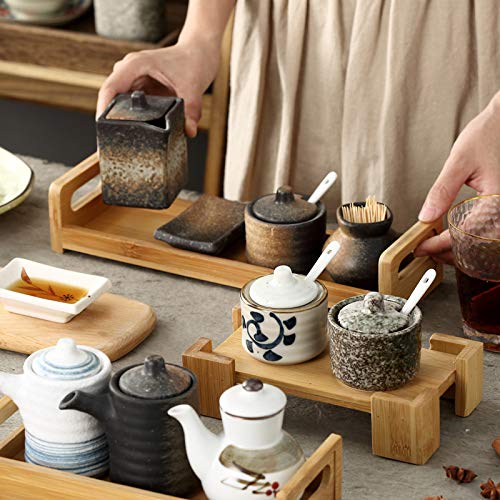 2-Pack Japanese Retro Ceramic Seasoning Jars with Lid & Spoon - Sugar & Salt Storage Containers for Kitchen, Dining Table, and Coffee Bar Decor