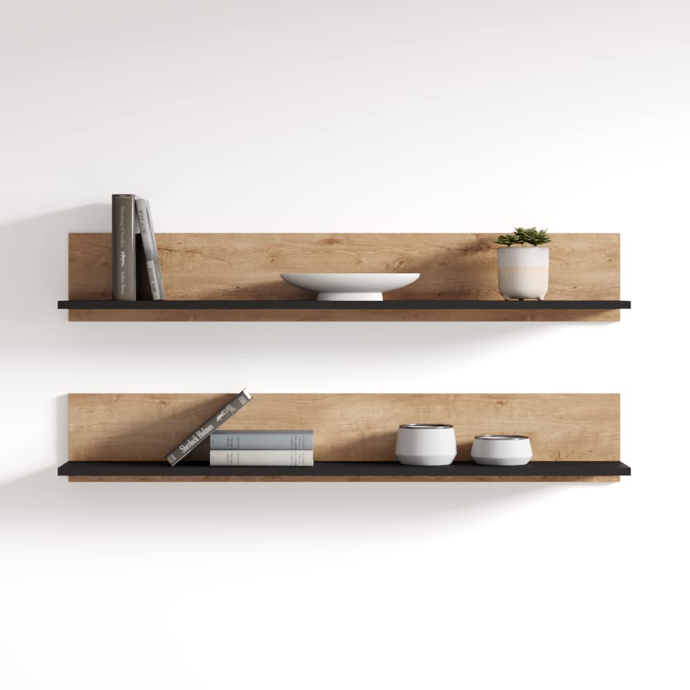 Modern Floating Wall Shelves - Soho S5 Rectangular Wooden Book Storage Shelves with High Gloss Finish - Durable Oak Modular Cabinets for Living Room, Bedroom & Home Office Organization