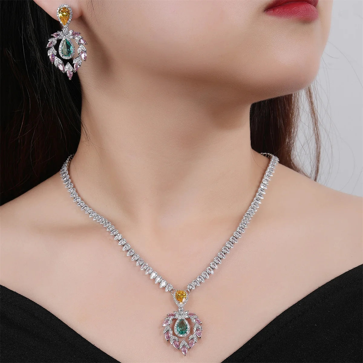 Elegant CZ Waterdrop Cubic Zirconia Pendant Necklace & Earrings Set - Bridal Wedding Jewelry for Women - Perfect Gift for Bride, Anniversary & Special Occasions