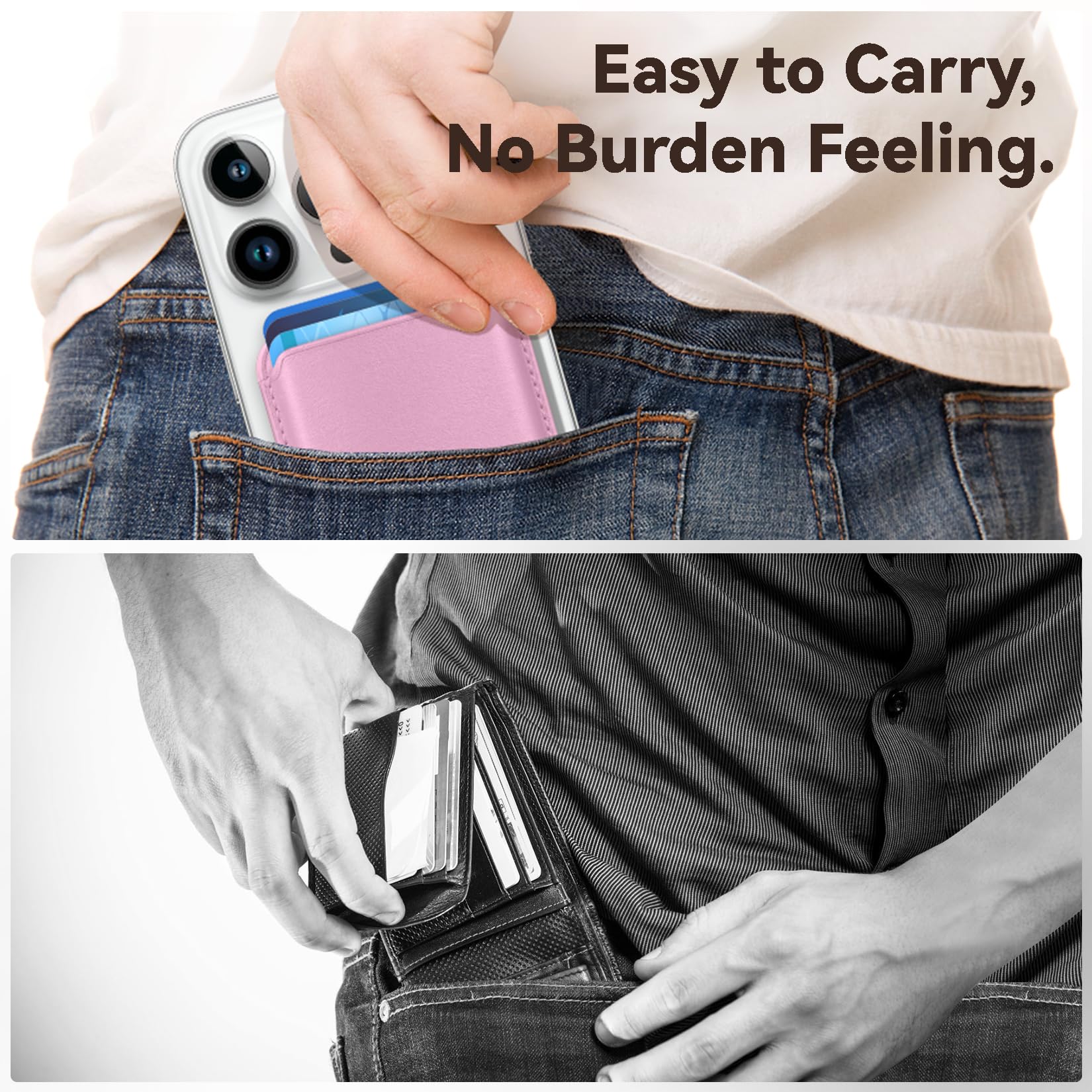 Magnetic Wallet for iPhone 15/14/13/12 Pro/Max - RFID Blocking Leather Card Holder with Strong MagSafe Sticker - Pink | Slim Phone Case Accessory for Everyday Carry, Travel & Contactless Payments