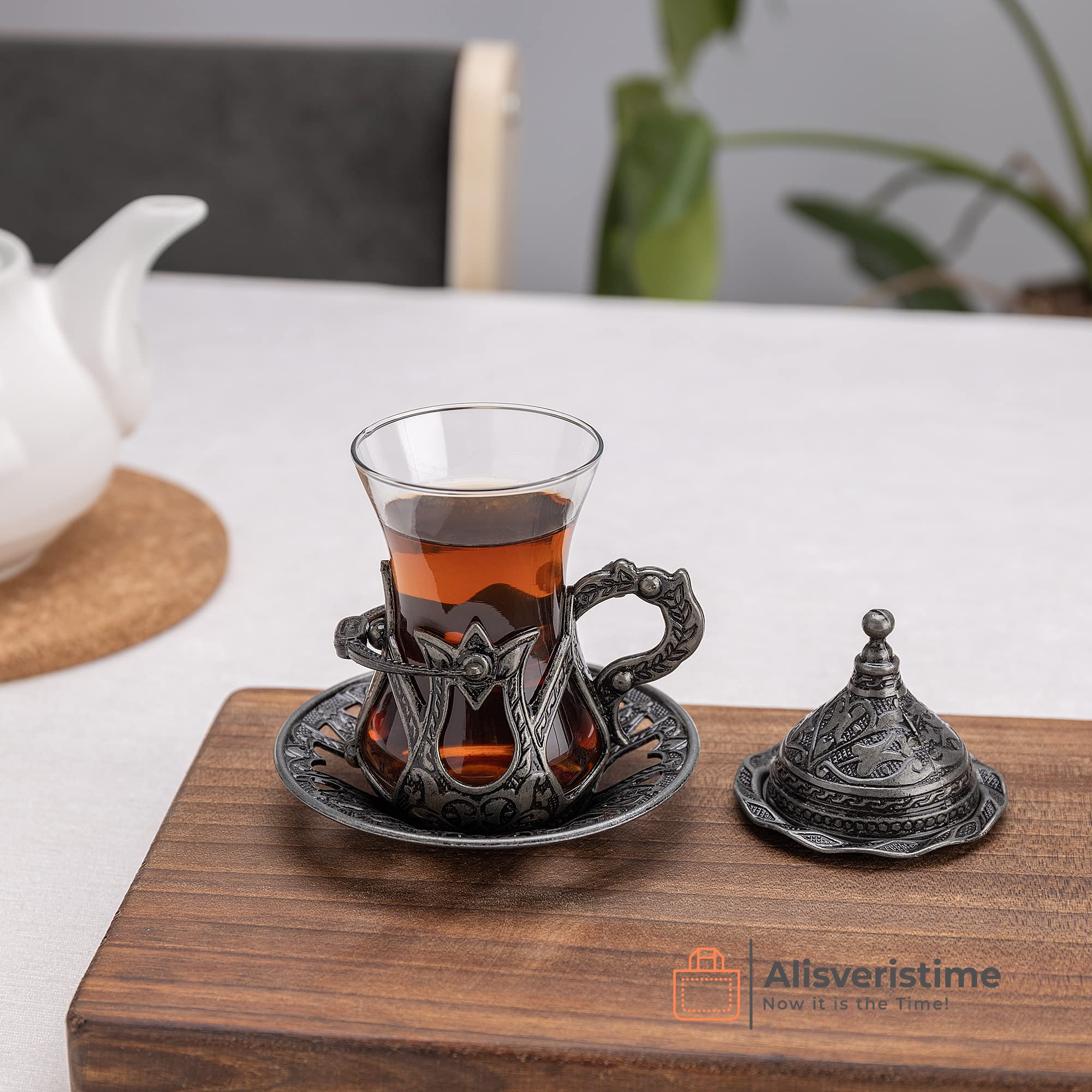 Handmade Turkish Tea Set - Authentic Black Zamzam Serving Glasses with Saucer, Tray & Spoon | Traditional Tea Ceremony Gift for Home, Cafe & Special Occasions