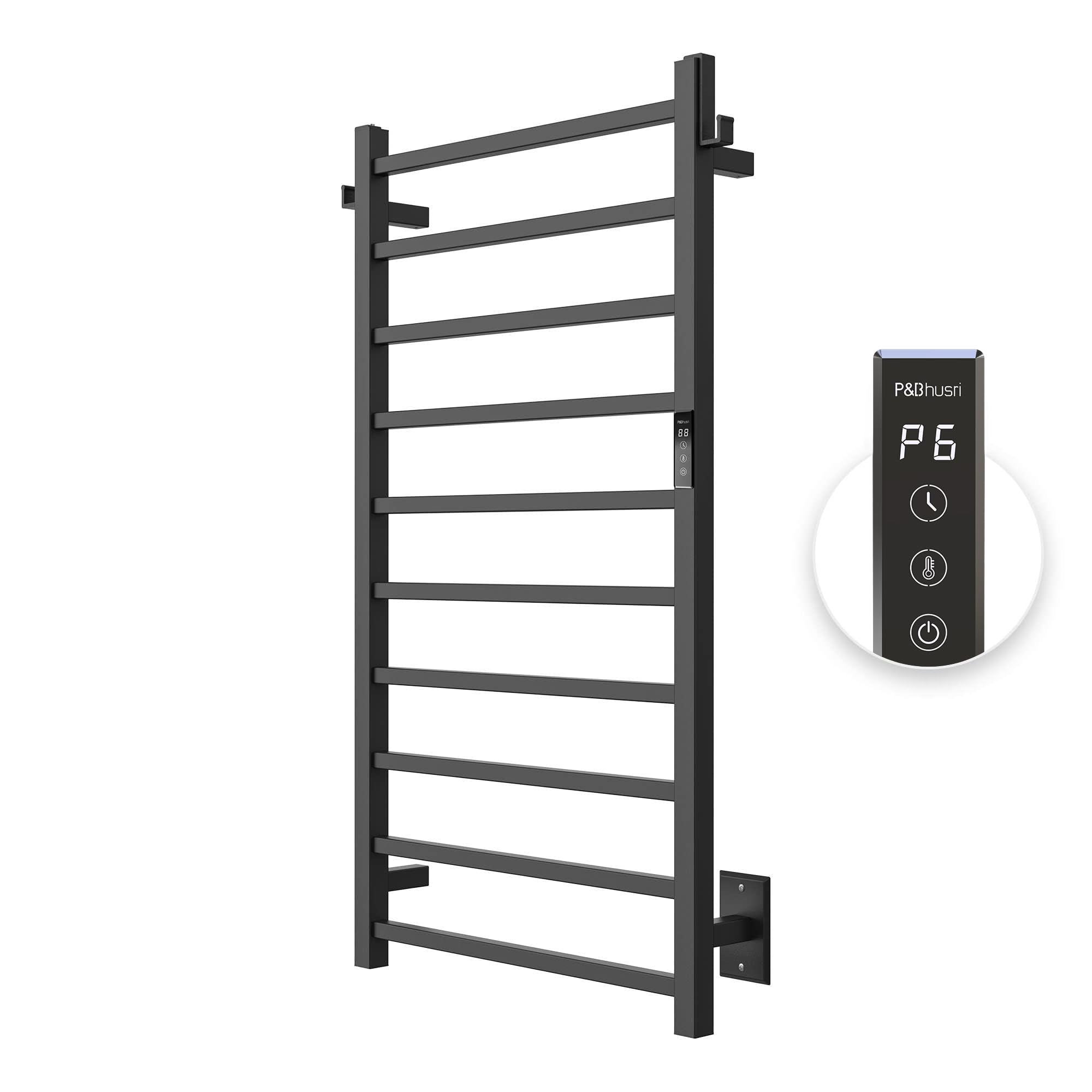 P&Bhusri 10-Bar Heated Towel Rack - Wall Mounted Electric Towel Warmer for Bathroom with Timer, Stainless Steel Matte Black (Plug-in/Hard-Wired) - Perfect for Spa, Luxury Hotels & Cozy Home Bathrooms