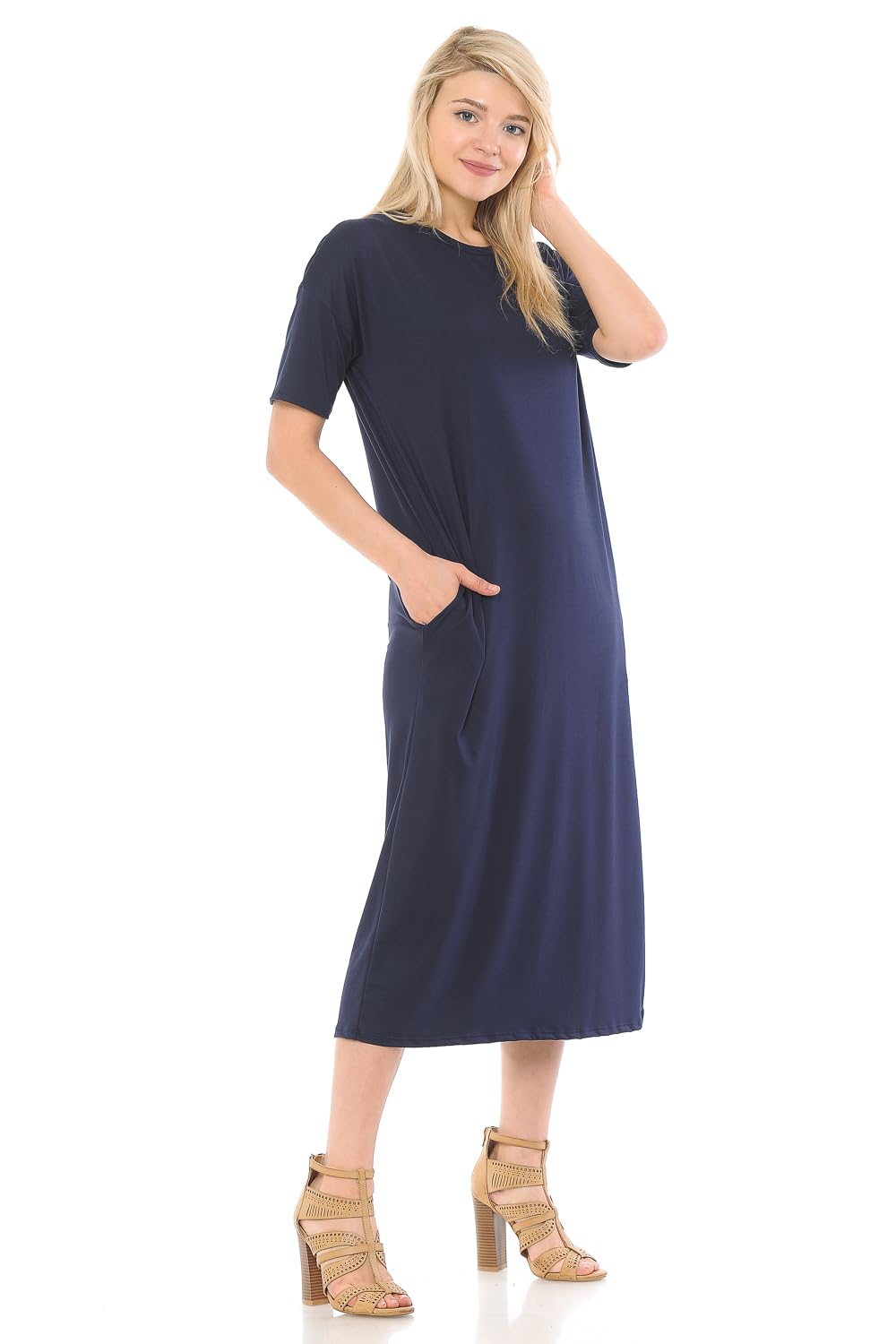 Iconic Luxe Women's Midi Dress with Half-Sleeves and Pockets - Elegant Flowy Dress for Work, Party & Special Occasions
