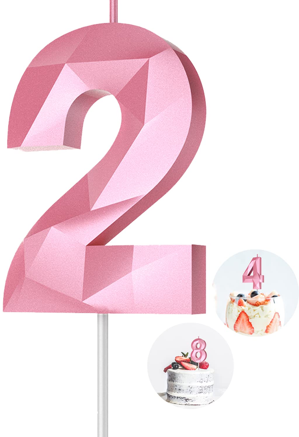 3D Diamond Shape Number Birthday Candles (2-Pack Pink) - Happy Birthday Cake Candles for Birthday Parties, Weddings, Reunions & Theme Celebrations - Perfect for Cake Decorating and Special Occasions