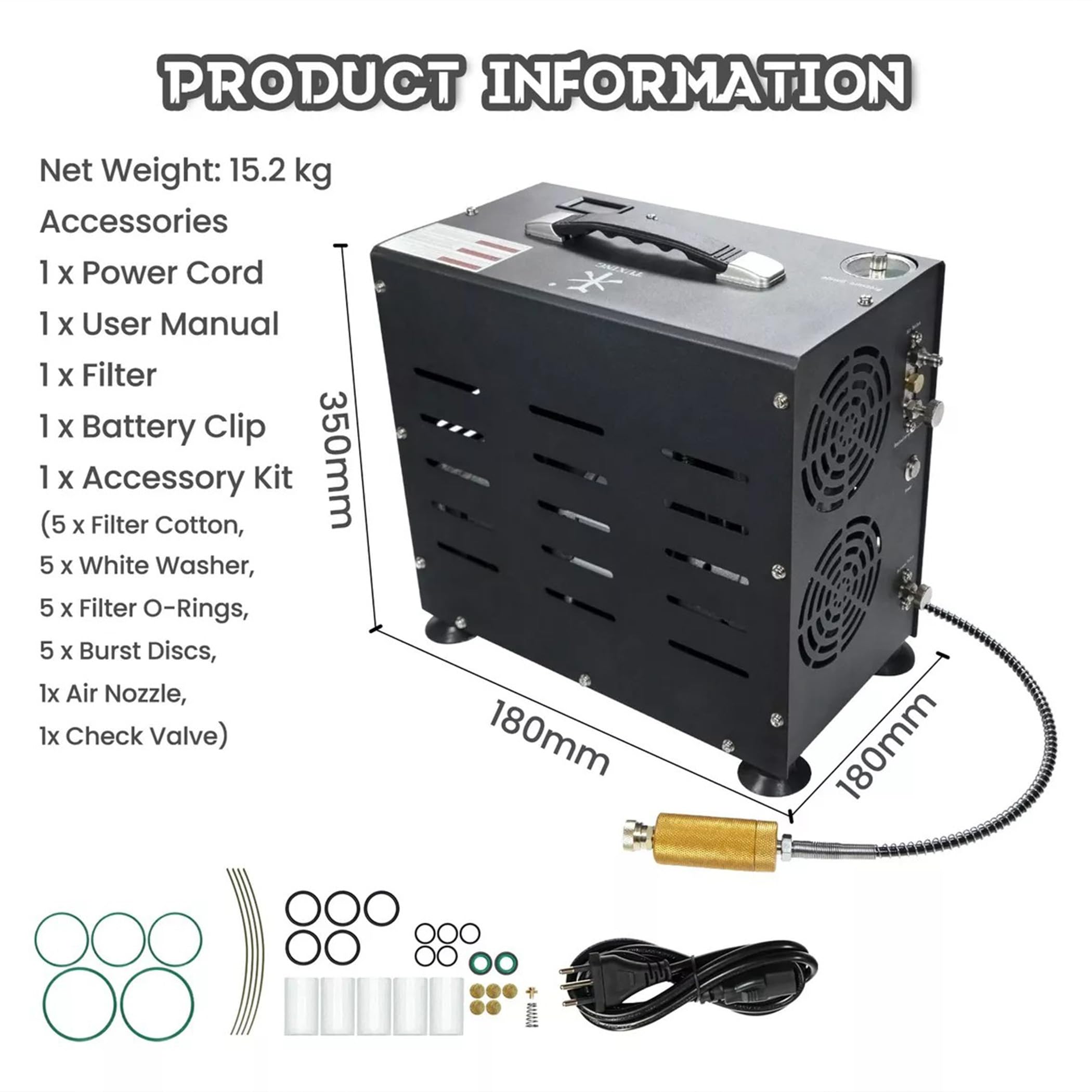 TUXING 800W Dual-Cylinder PCP Air Compressor Pump - 4500PSI High Pressure with Auto Stop & Built-in Cooling Fan - for PCP Rifles, Scuba Tanks, Paintball & Airgun Refilling - Perfect for Hunting, Shooting Sports & Underwater Diving