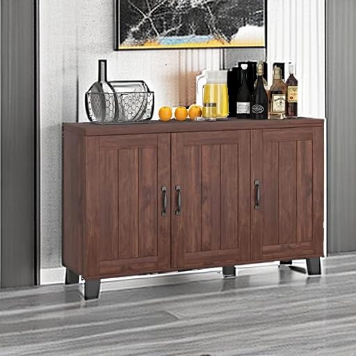 Giantex 3-Door Buffet Cabinet with Adjustable Shelves & Cable Management - Kitchen Storage Cupboard, Coffee Bar Console for Living Room - Anti-Tip Design, Brown (Perfect for Dining Room Storage & Home Organization)
