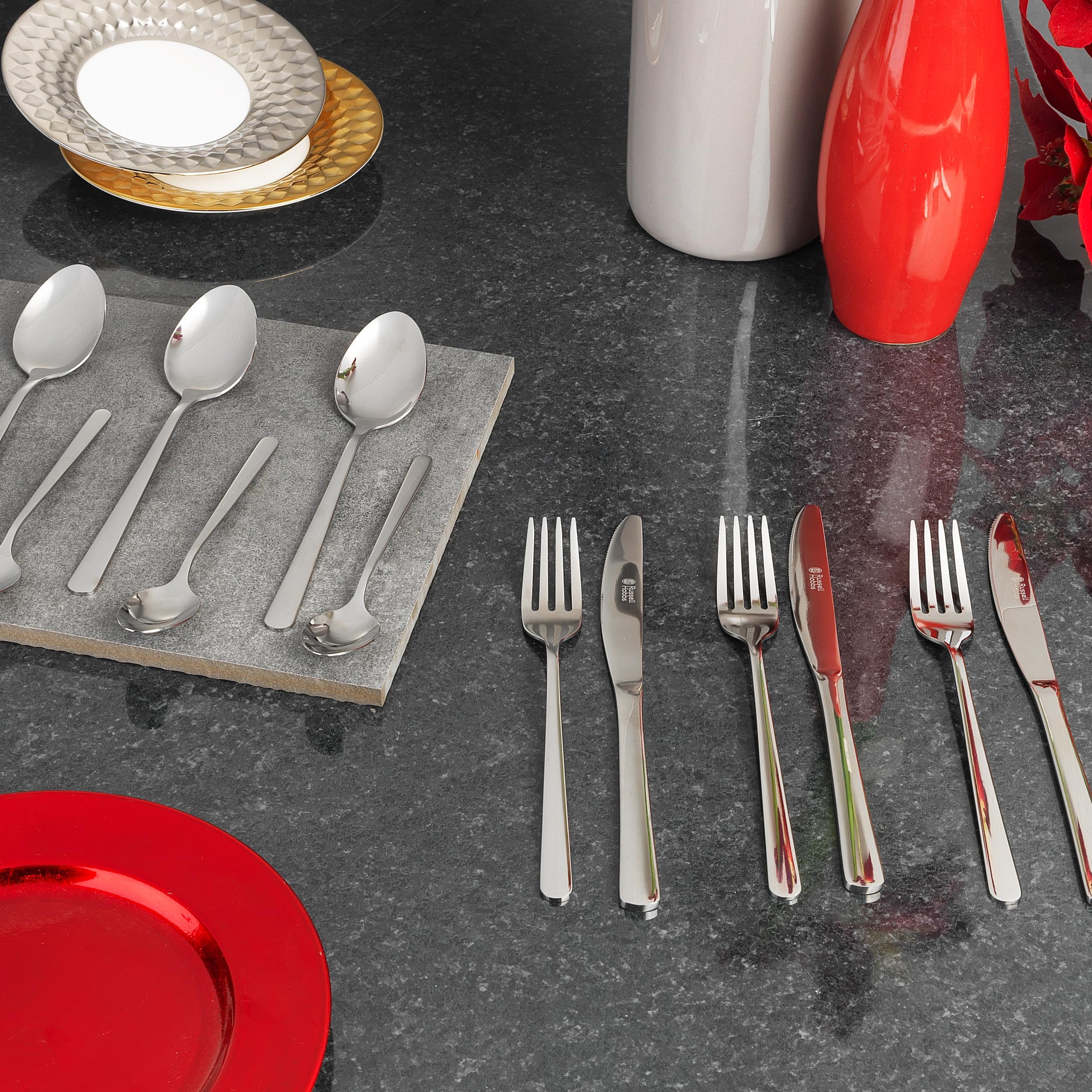 Russell Hobbs RH00022GP 16-Piece Stainless Steel Cutlery Set - Knives, Forks & Spoons for 4 People, Mirror Polish Finish, Dishwasher Safe Flatware for Home & Restaurant Use | Perfect for Dining, Entertaining & Everyday Meals