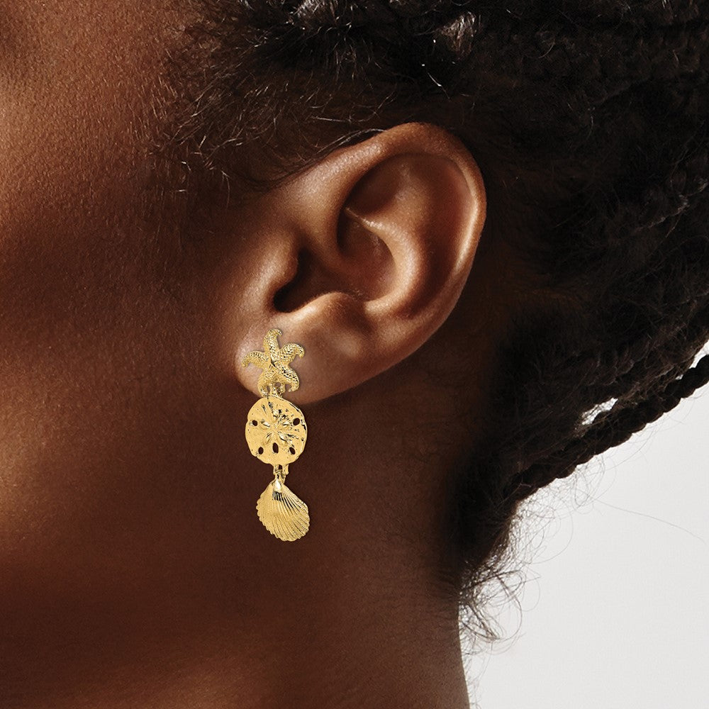 Gold Diamond Cut Starfish Shell Sand Dollar Dangle Earrings TE847 - Elegant Beach Jewelry for Summer Vacation & Boho Fashion
