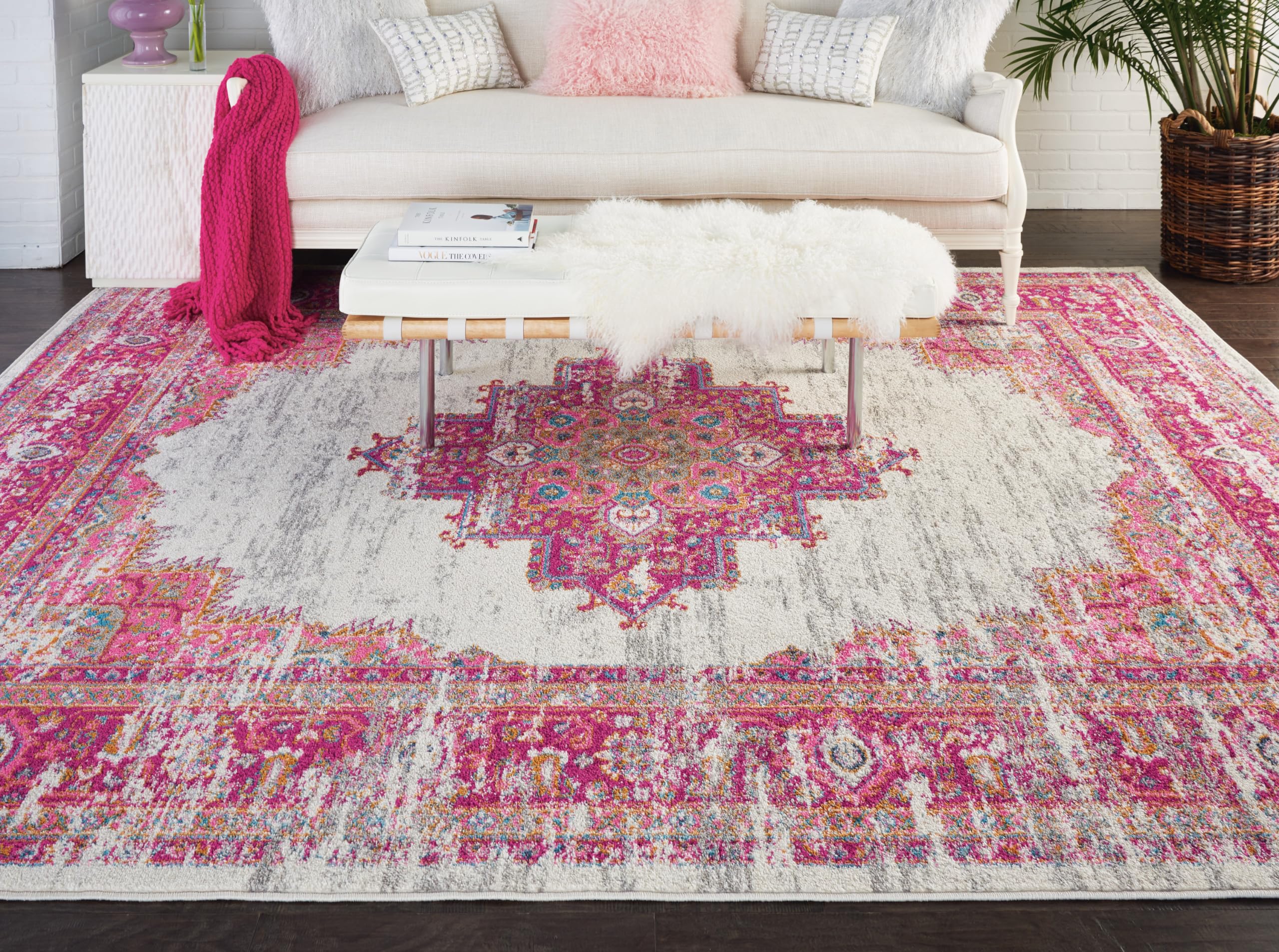 Nourison Passion Ivory/Fuchsia 12' x 15' Area Rug - Boho Traditional Design, Easy Cleaning, Non-Shedding - Perfect for Bedroom, Living Room & Hallway (12x15) | Cozy Home Decor & Floor Protection