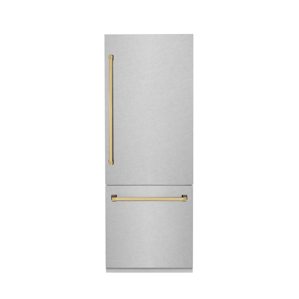 ZLINE Autograph Edition 30-Inch Built-In Bottom Freezer Refrigerator - 16.1 cu. ft. Capacity, Water Dispenser & Ice Maker - Satin Stainless Steel with Polished Gold Accents (RBIVZ SN 30 G) - Perfect for Modern Kitchens & Luxury Homes