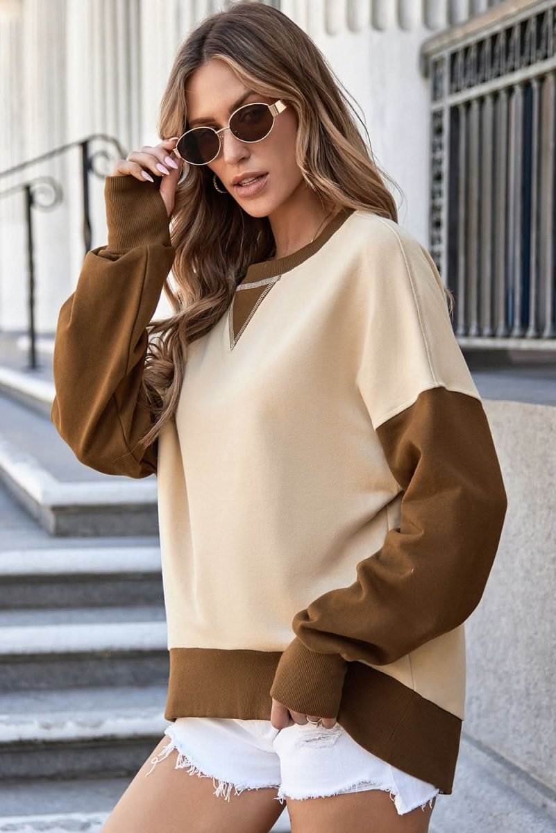 Stylish Apricot Color Block Thumbhole Drop Shoulder Sweatshirt | Women's Casual Pullover for Yoga, Running & Outdoor Activities