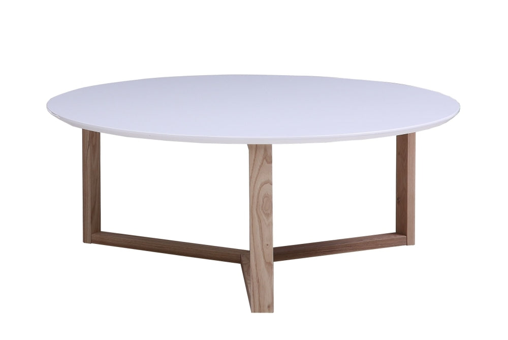 Round Coffee Table with White Top and Natural Wood Legs - Modern Living Room Furniture for Small Spaces, Apartments & Home Decor